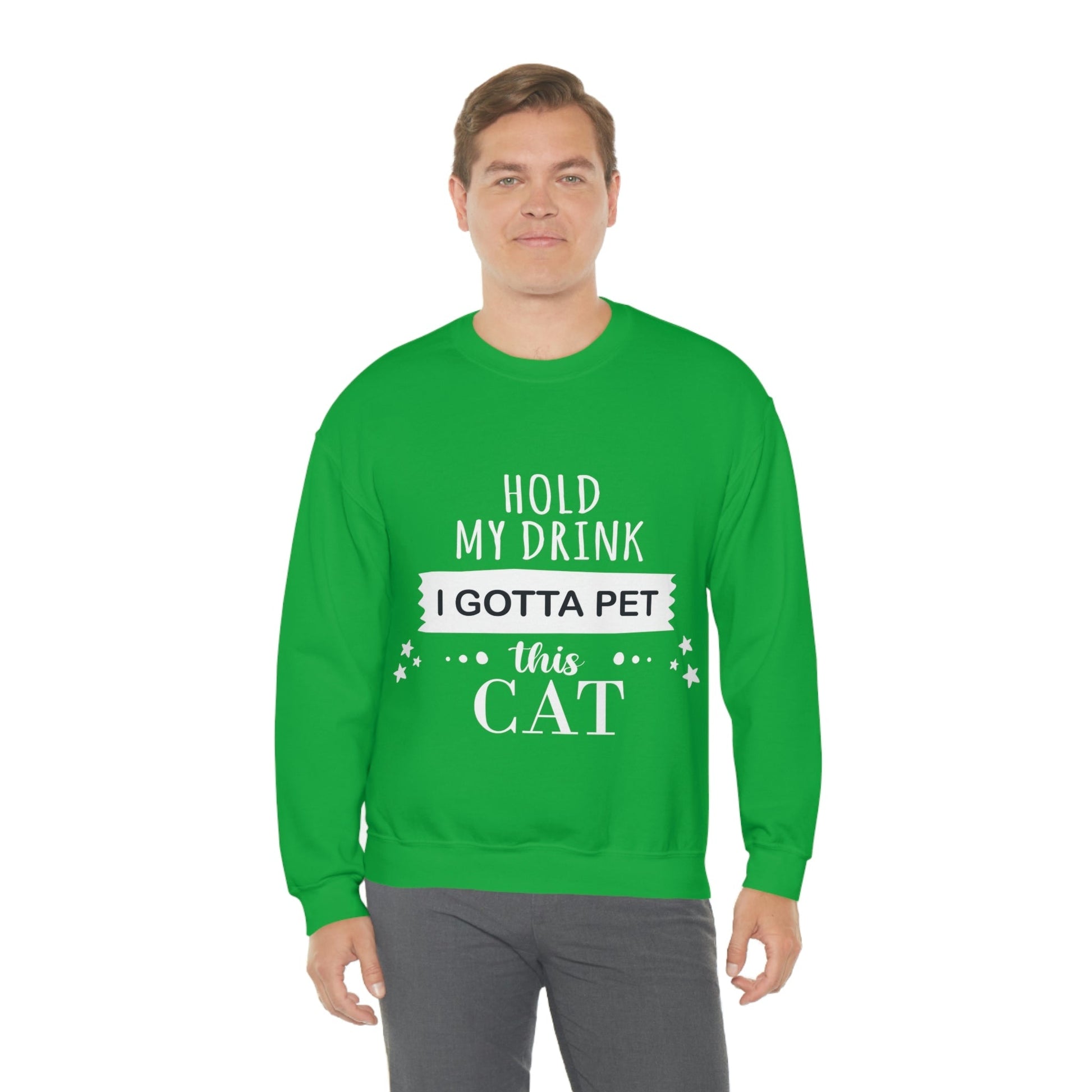 Hold My Drink I Gotta Pet This Cat Text Slogan Unisex Heavy Blend™ Crewneck Sweatshirt Ichaku [Perfect Gifts Selection]