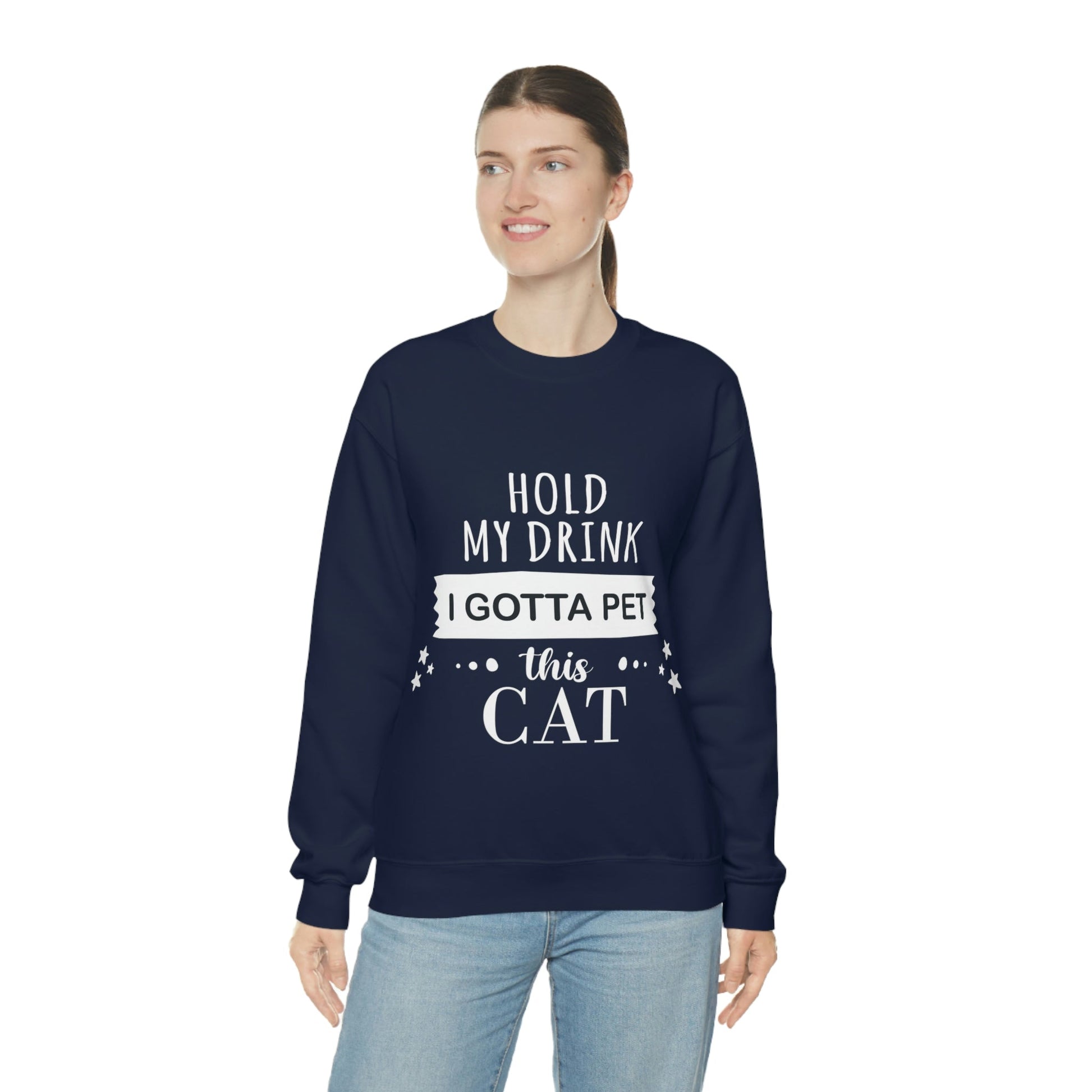 Hold My Drink I Gotta Pet This Cat Text Slogan Unisex Heavy Blend™ Crewneck Sweatshirt Ichaku [Perfect Gifts Selection]