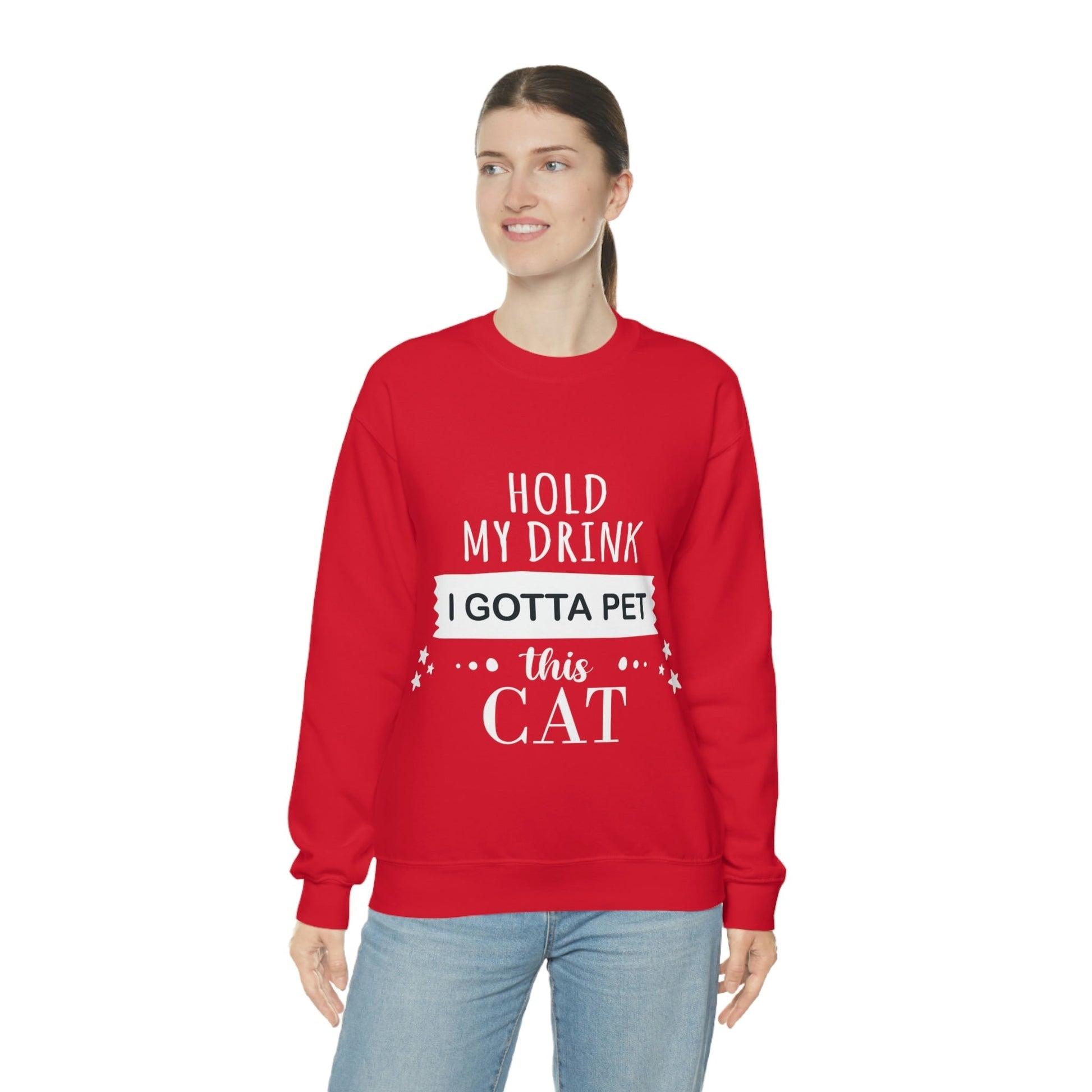 Hold My Drink I Gotta Pet This Cat Text Slogan Unisex Heavy Blend™ Crewneck Sweatshirt Ichaku [Perfect Gifts Selection]