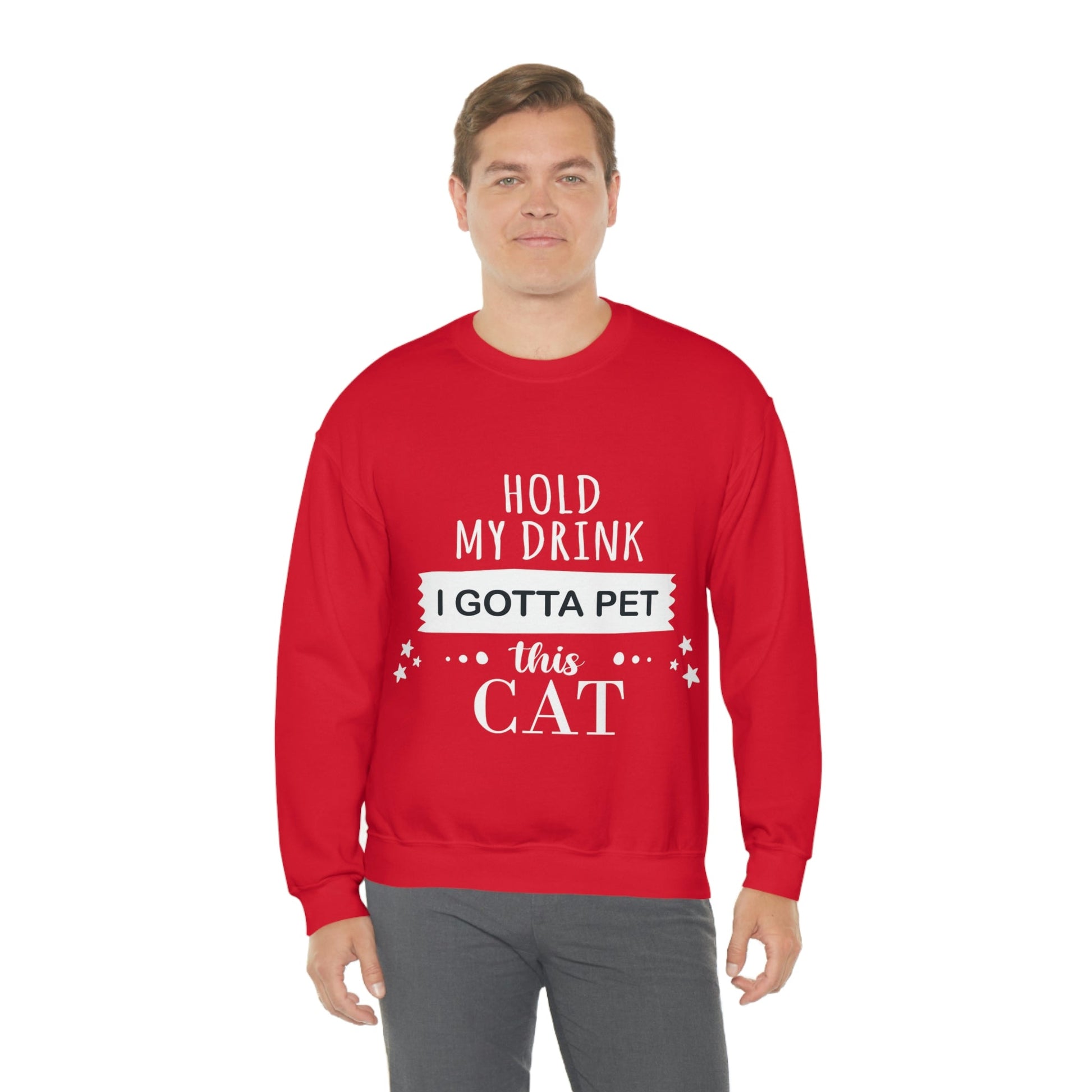 Hold My Drink I Gotta Pet This Cat Text Slogan Unisex Heavy Blend™ Crewneck Sweatshirt Ichaku [Perfect Gifts Selection]