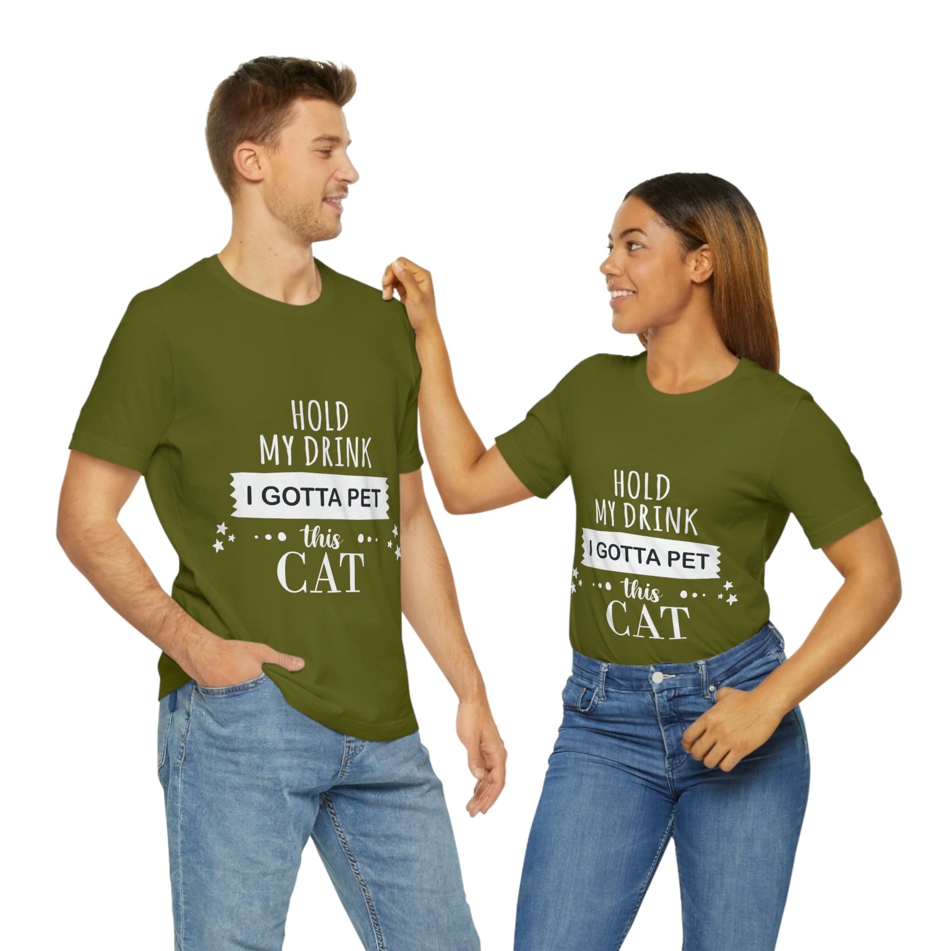 Hold My Drink I Gotta Pet This Cat Text Slogan Unisex Jersey Short Sleeve T-Shirt Ichaku [Perfect Gifts Selection]