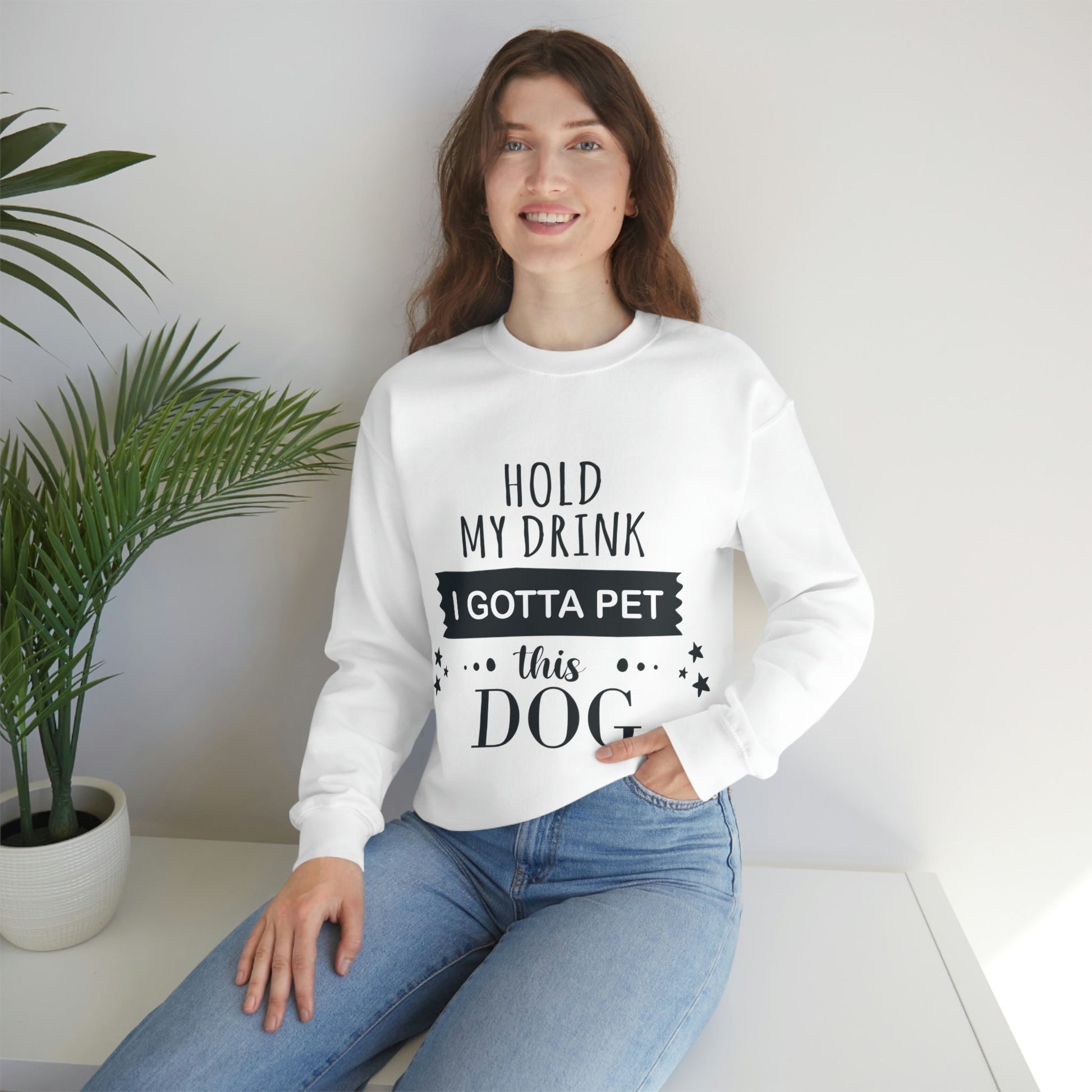 Hold My Drink I Gotta Pet This Dog Text Slogan Unisex Heavy Blend™ Crewneck Sweatshirt Ichaku [Perfect Gifts Selection]