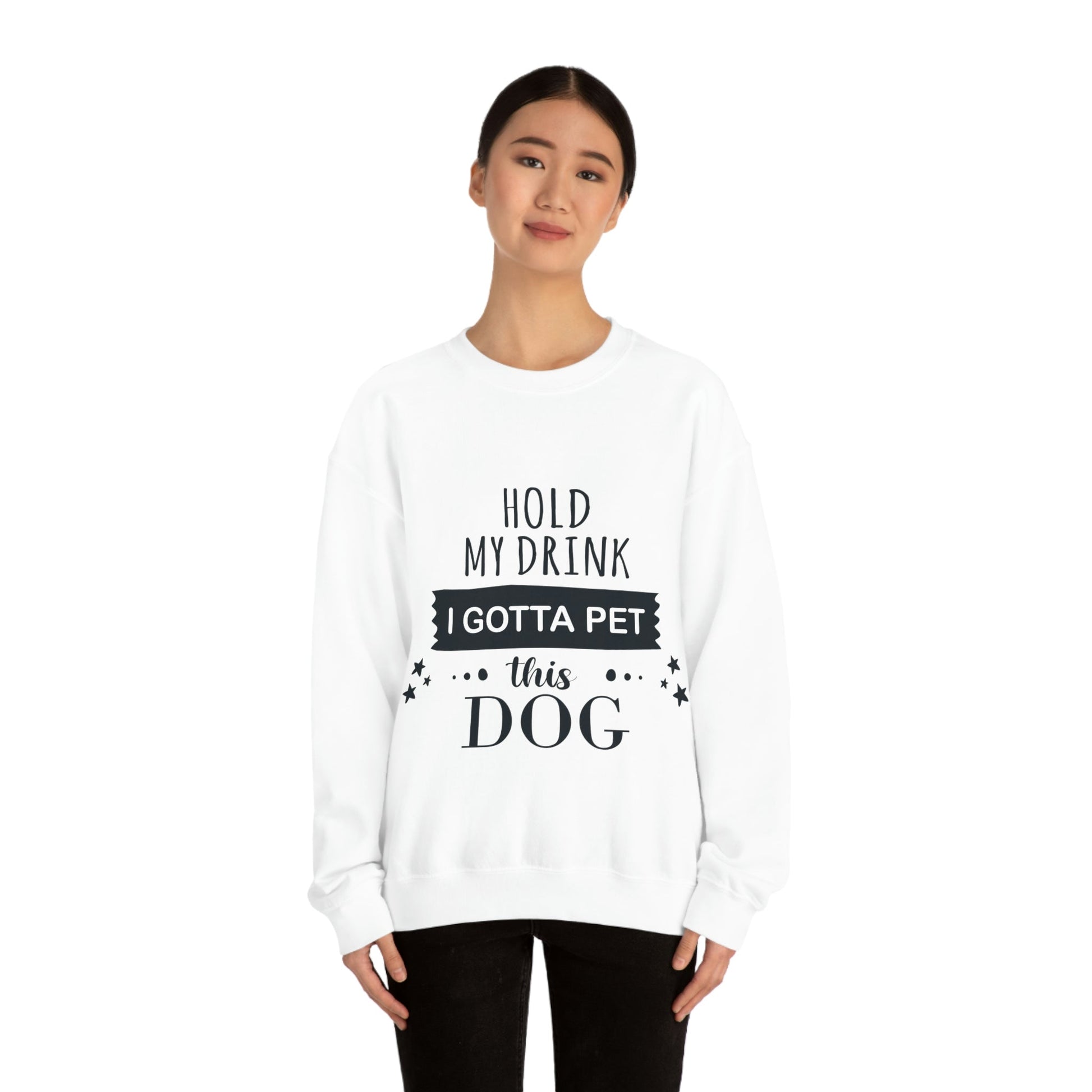 Hold My Drink I Gotta Pet This Dog Text Slogan Unisex Heavy Blend™ Crewneck Sweatshirt Ichaku [Perfect Gifts Selection]