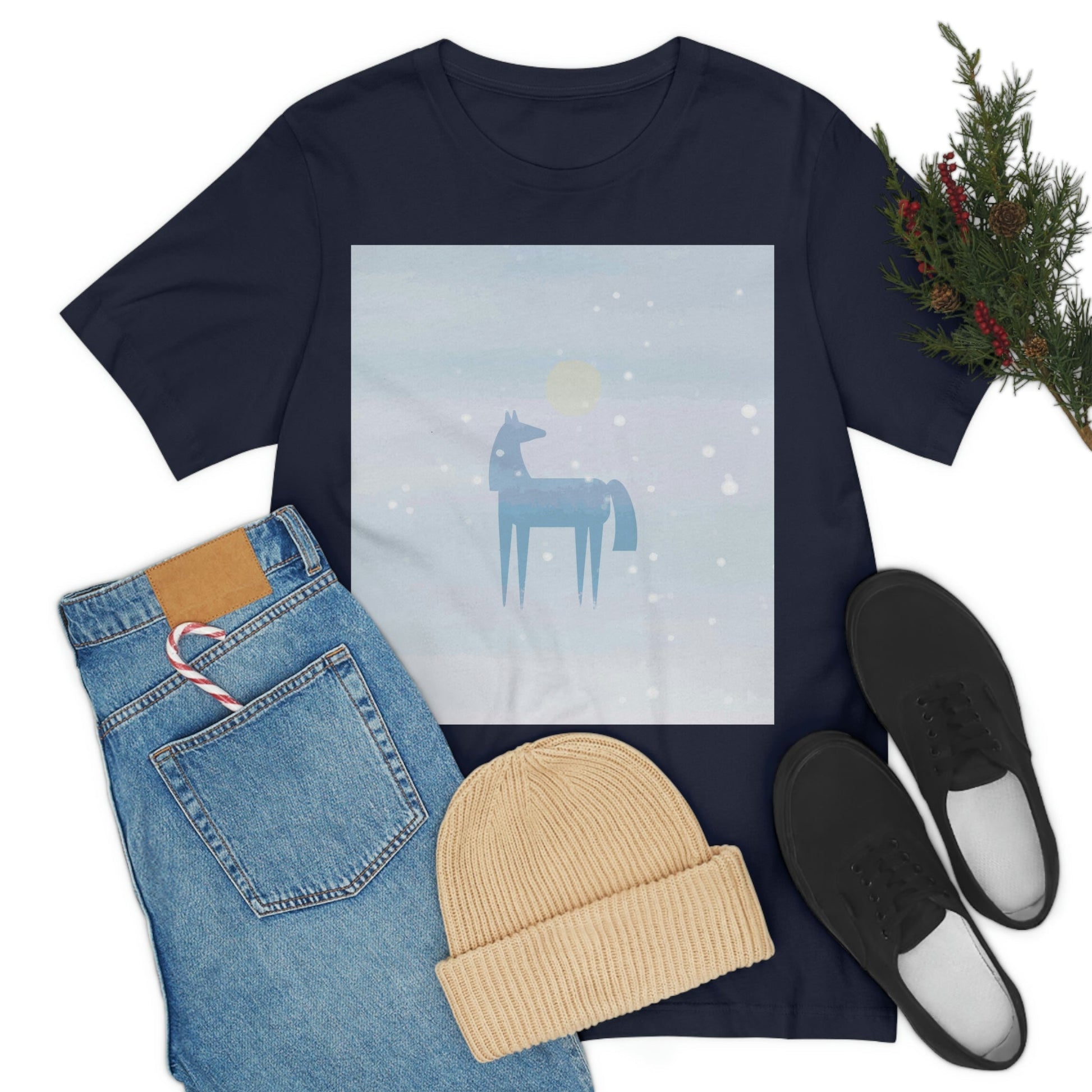 Horse Under the Snow Winter Landscape Unisex Jersey Short Sleeve T-Shirt Ichaku [Perfect Gifts Selection]