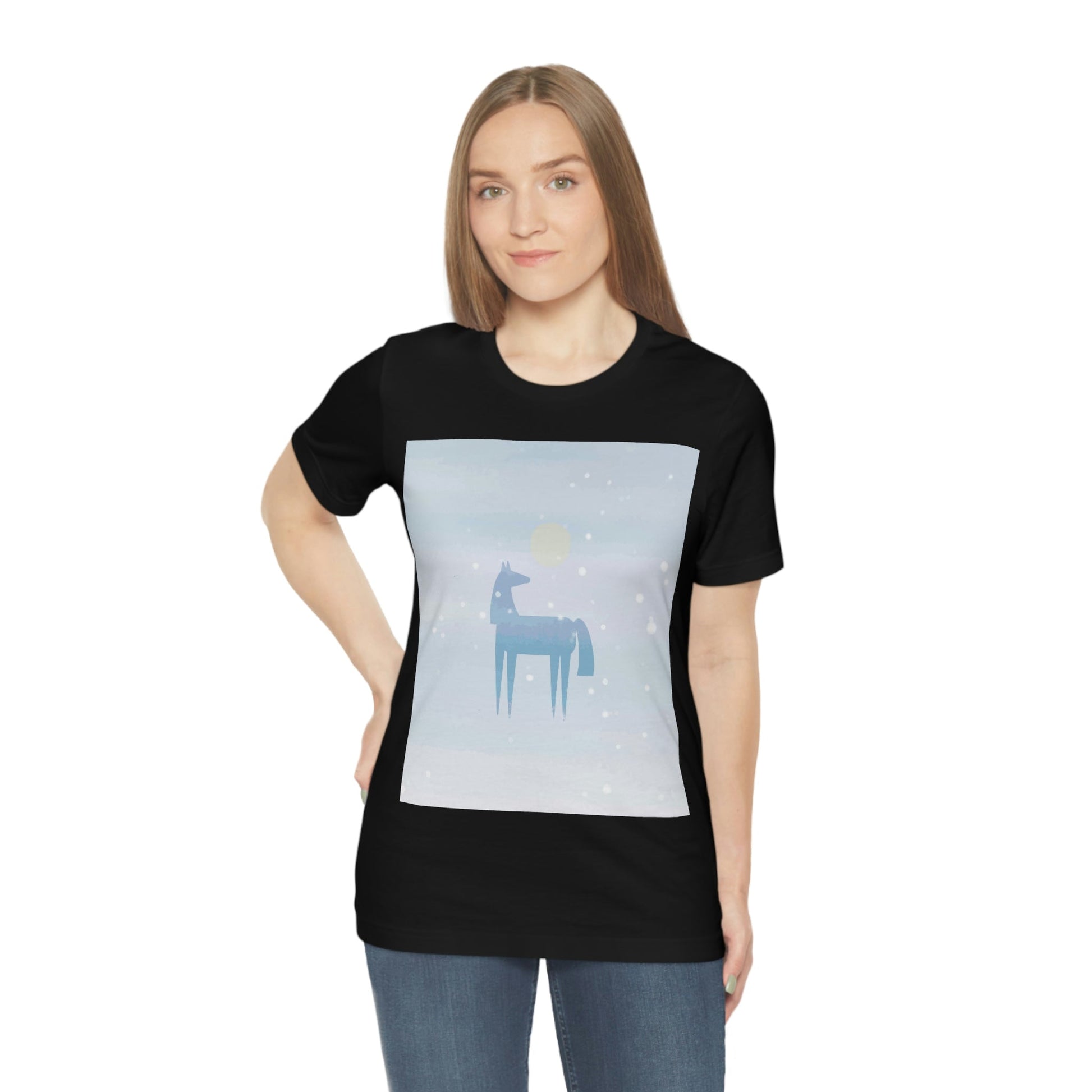 Horse Under the Snow Winter Landscape Unisex Jersey Short Sleeve T-Shirt Ichaku [Perfect Gifts Selection]