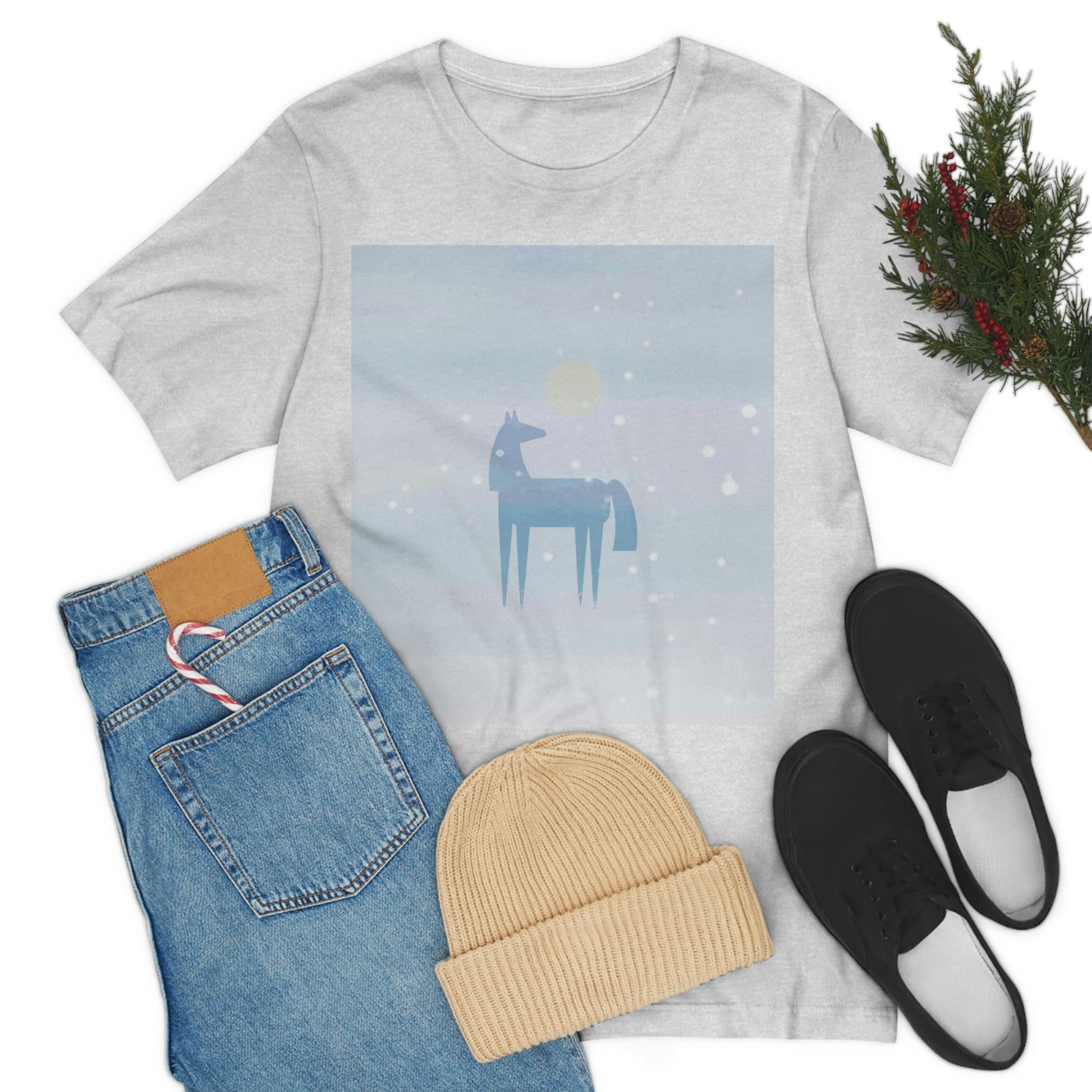 Horse Under the Snow Winter Landscape Unisex Jersey Short Sleeve T-Shirt Ichaku [Perfect Gifts Selection]