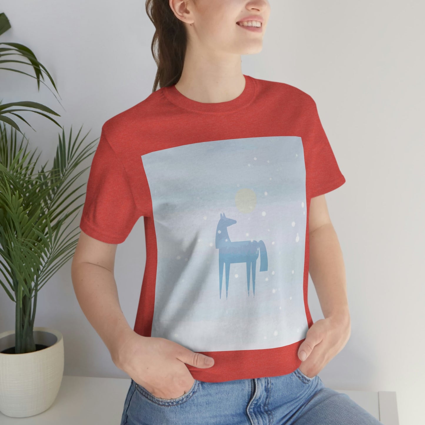 Horse Under the Snow Winter Landscape Unisex Jersey Short Sleeve T-Shirt Ichaku [Perfect Gifts Selection]