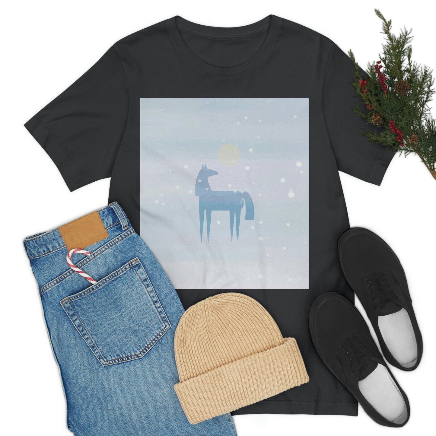 Horse Under the Snow Winter Landscape Unisex Jersey Short Sleeve T-Shirt Ichaku [Perfect Gifts Selection]