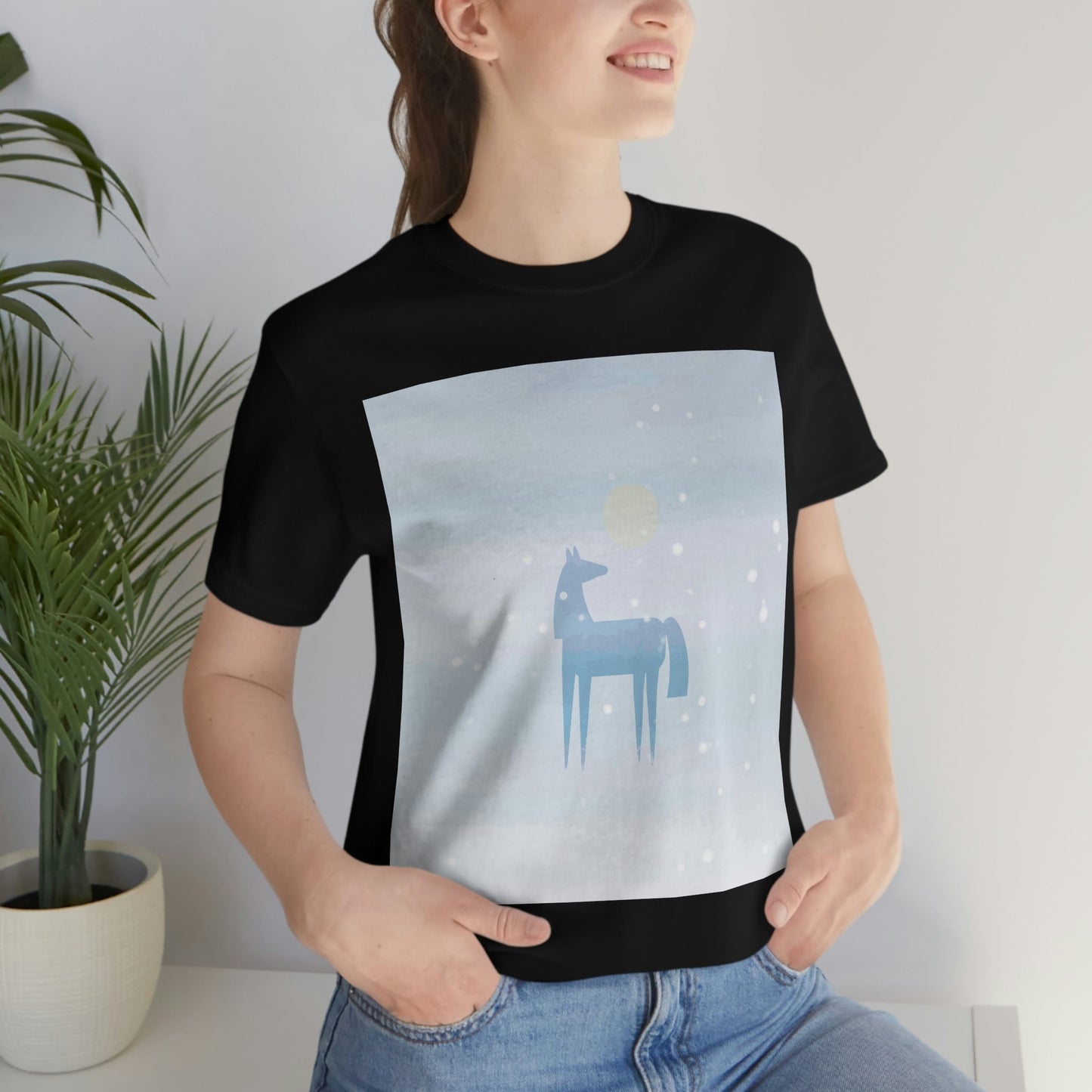 Horse Under the Snow Winter Landscape Unisex Jersey Short Sleeve T-Shirt Ichaku [Perfect Gifts Selection]