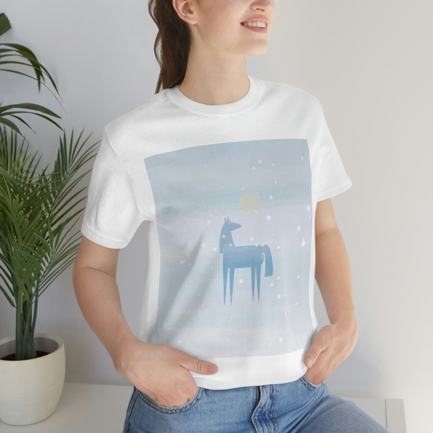 Horse Under the Snow Winter Landscape Unisex Jersey Short Sleeve T-Shirt Ichaku [Perfect Gifts Selection]