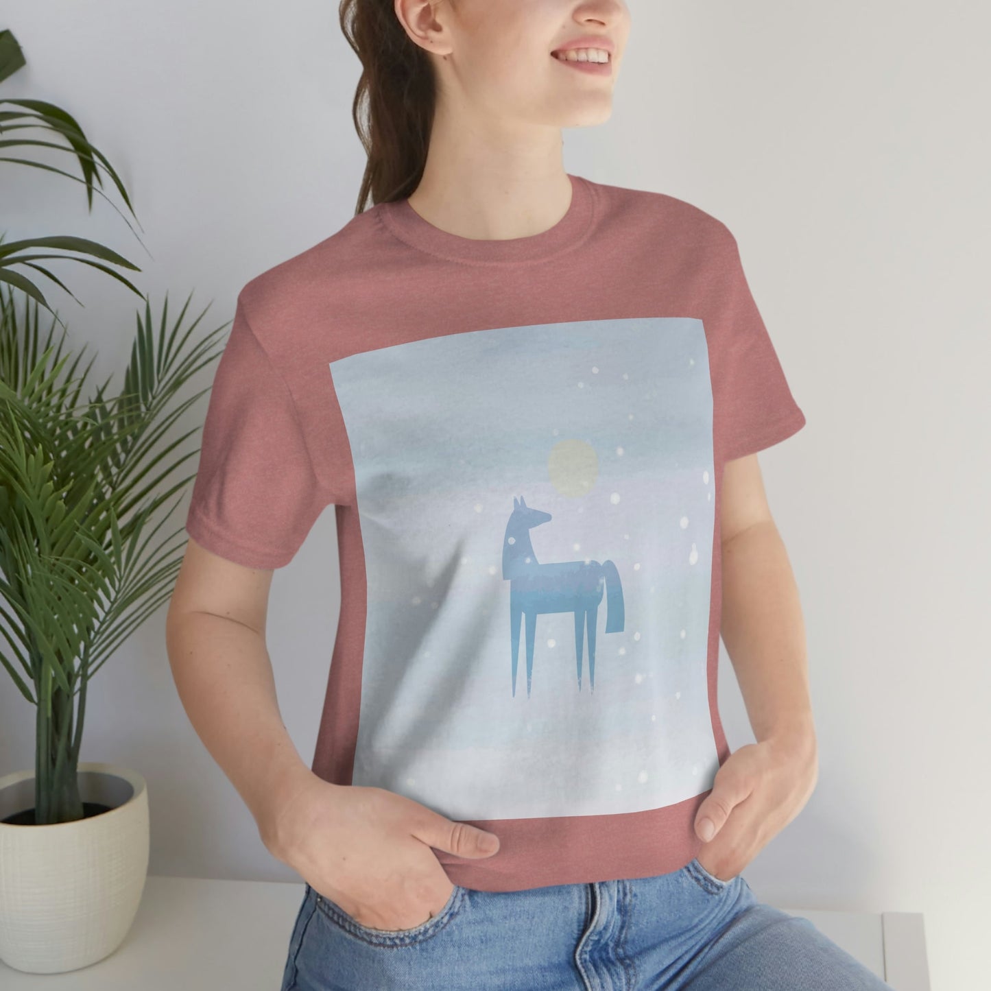 Horse Under the Snow Winter Landscape Unisex Jersey Short Sleeve T-Shirt Ichaku [Perfect Gifts Selection]