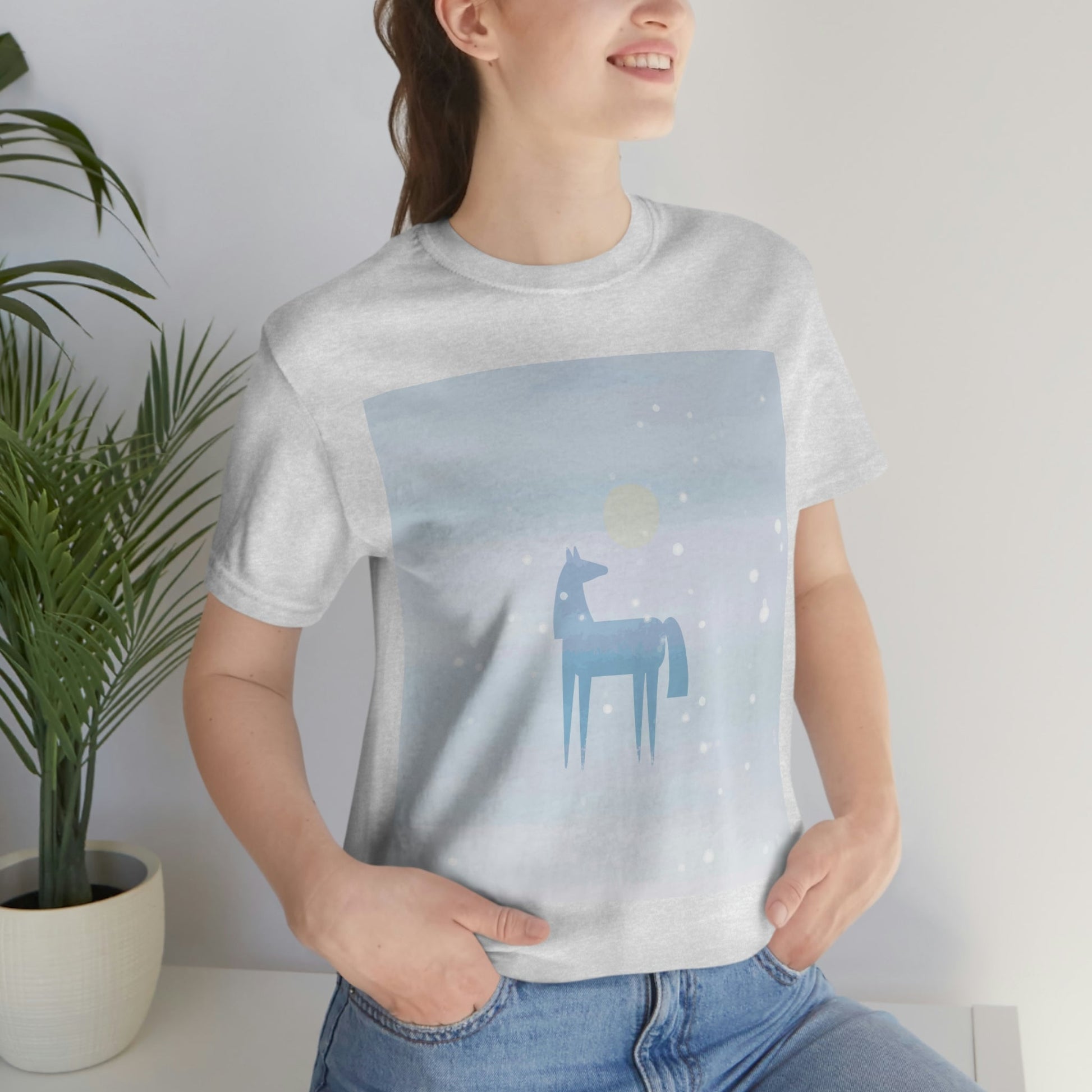 Horse Under the Snow Winter Landscape Unisex Jersey Short Sleeve T-Shirt Ichaku [Perfect Gifts Selection]