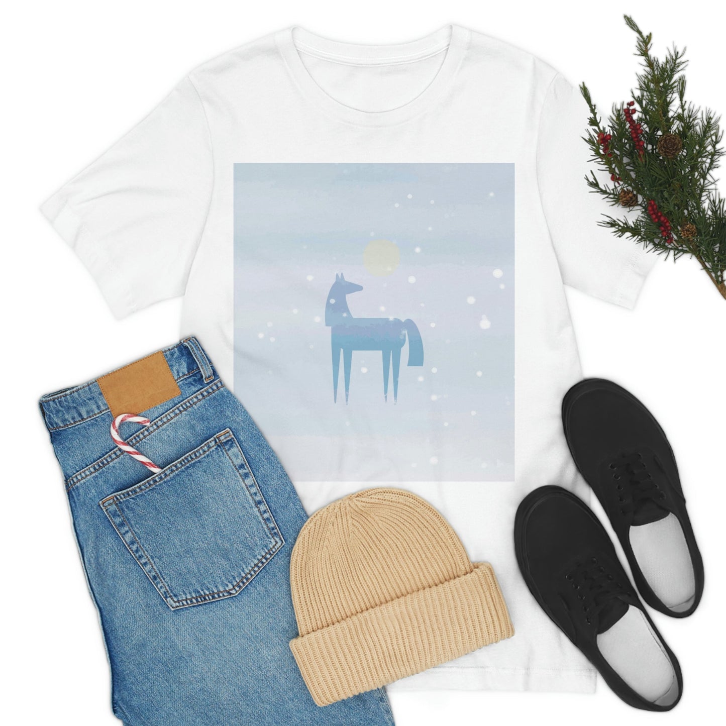 Horse Under the Snow Winter Landscape Unisex Jersey Short Sleeve T-Shirt Ichaku [Perfect Gifts Selection]