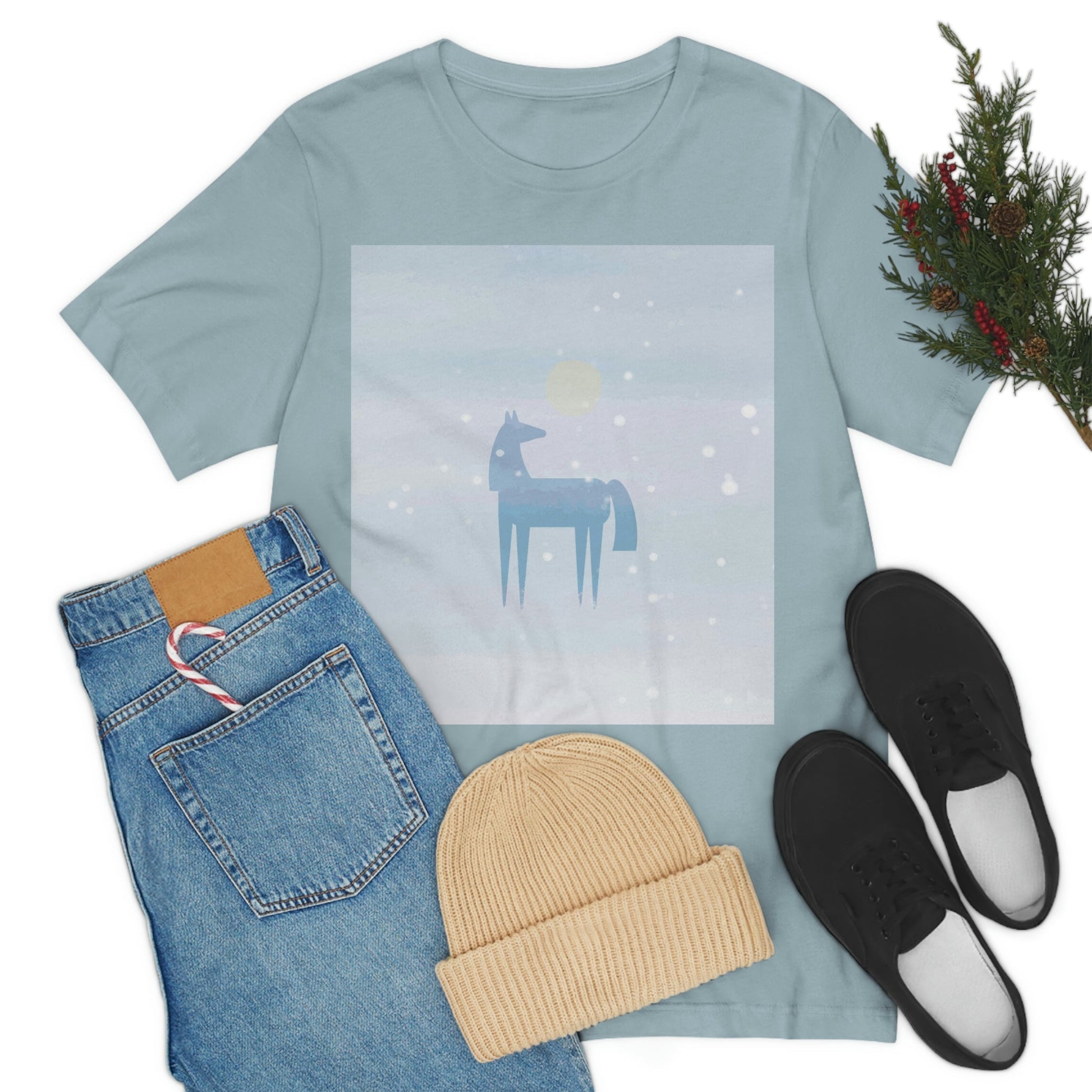 Horse Under the Snow Winter Landscape Unisex Jersey Short Sleeve T-Shirt Ichaku [Perfect Gifts Selection]