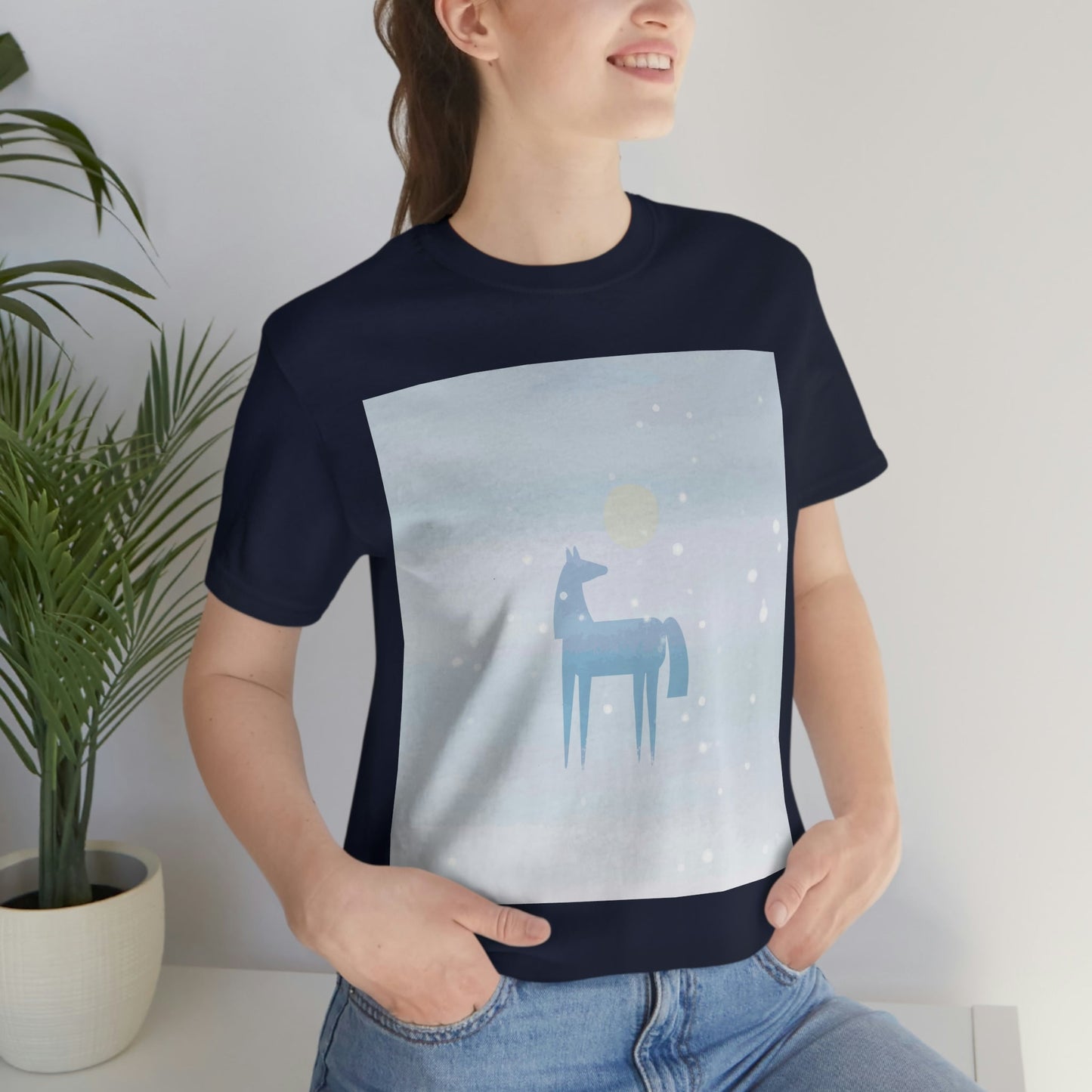 Horse Under the Snow Winter Landscape Unisex Jersey Short Sleeve T-Shirt Ichaku [Perfect Gifts Selection]