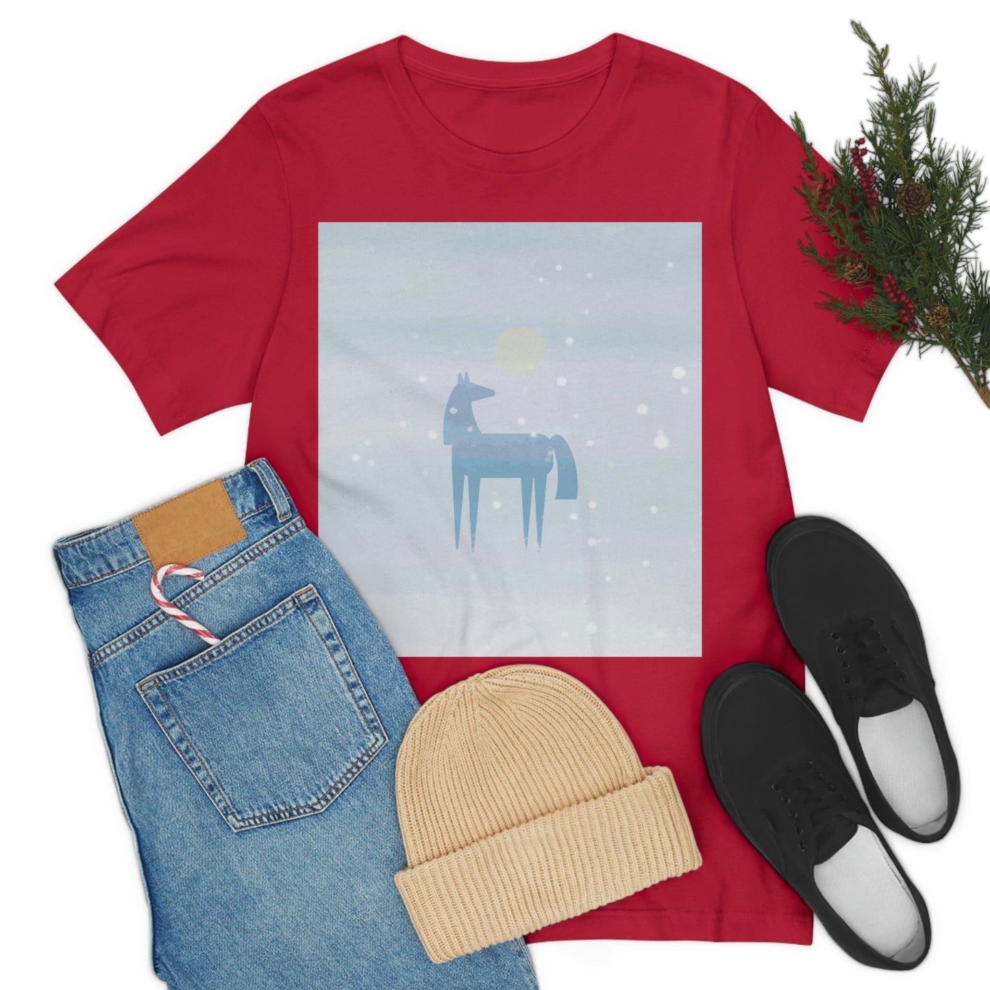 Horse Under the Snow Winter Landscape Unisex Jersey Short Sleeve T-Shirt Ichaku [Perfect Gifts Selection]