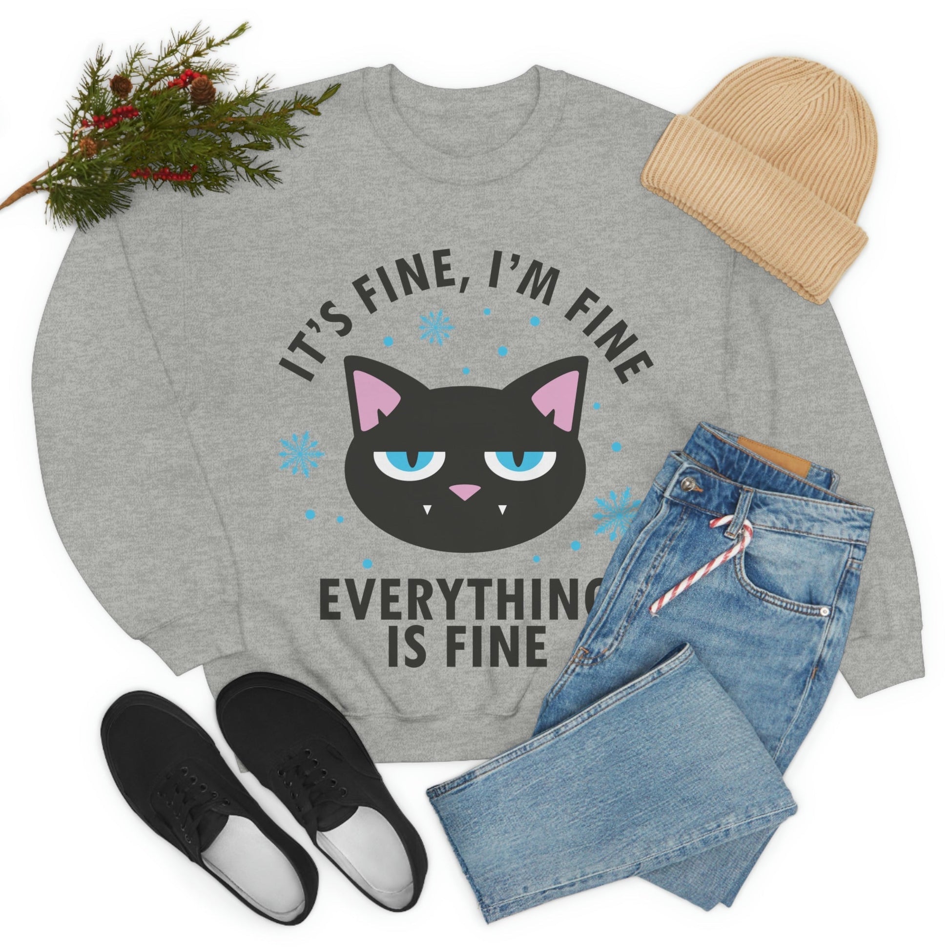 I Am Fine Everything is Fine Funny Cat Meme Quotes Black Text Unisex Heavy Blend™ Crewneck Sweatshirt Ichaku [Perfect Gifts Selection]