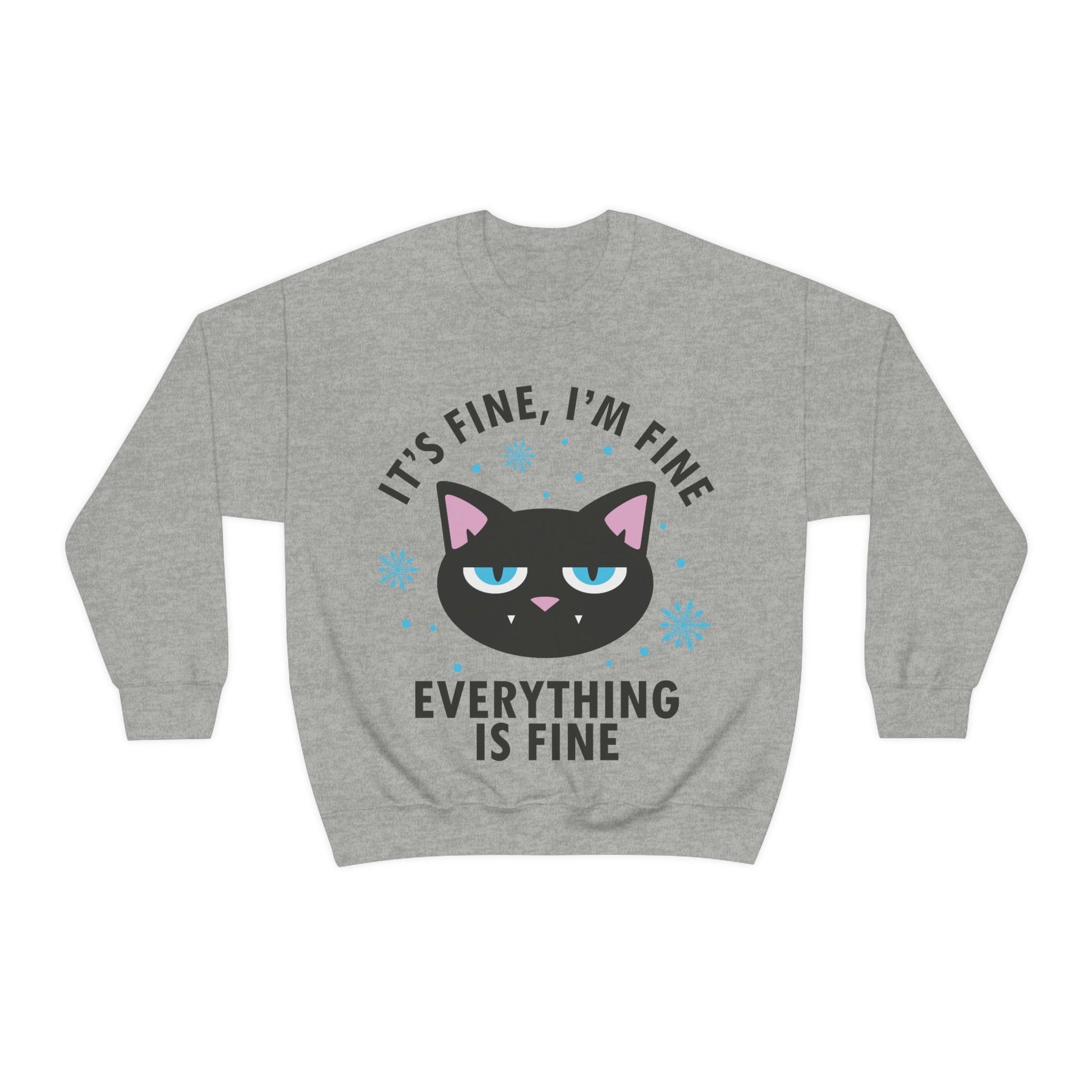 I Am Fine Everything is Fine Funny Cat Meme Quotes Black Text Unisex Heavy Blend™ Crewneck Sweatshirt Ichaku [Perfect Gifts Selection]