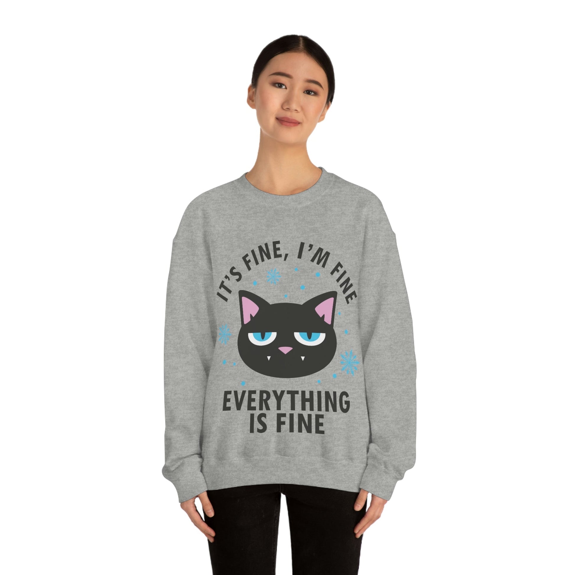 I Am Fine Everything is Fine Funny Cat Meme Quotes Black Text Unisex Heavy Blend™ Crewneck Sweatshirt Ichaku [Perfect Gifts Selection]