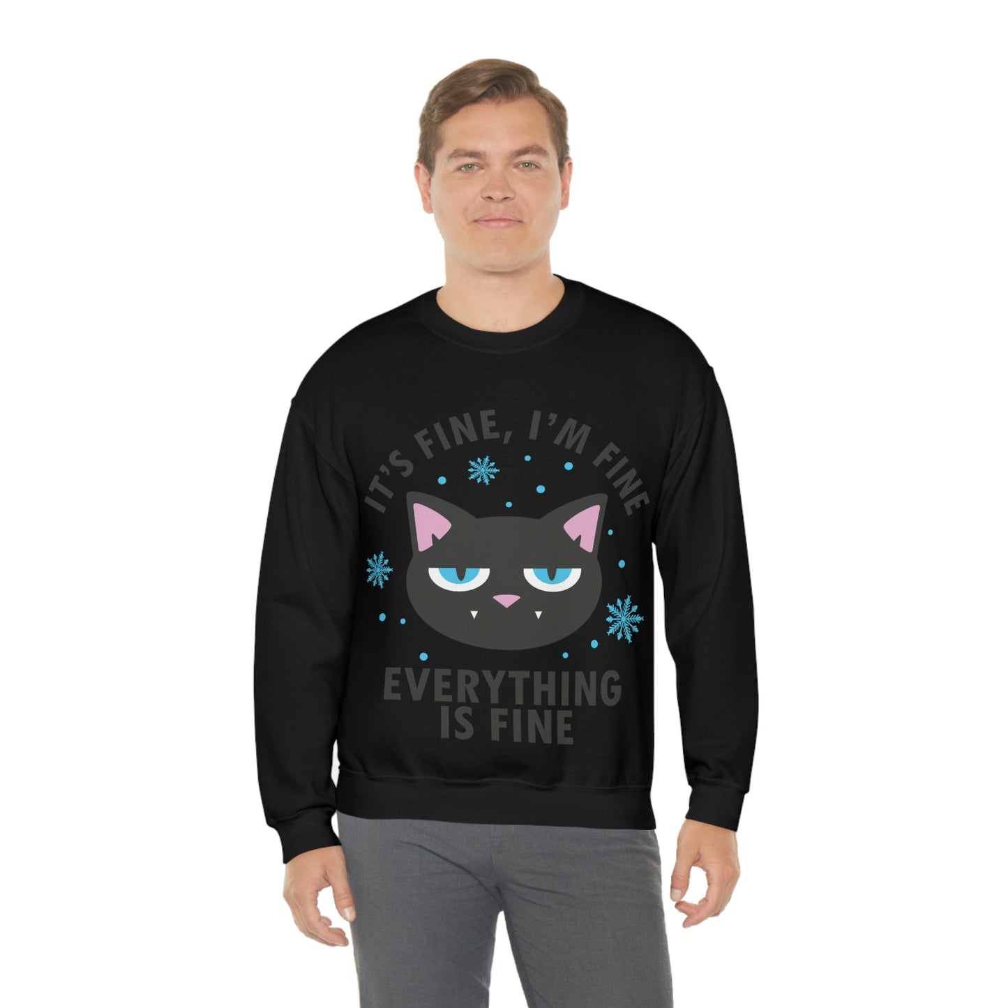 I Am Fine Everything is Fine Funny Cat Meme Quotes Black Text Unisex Heavy Blend™ Crewneck Sweatshirt Ichaku [Perfect Gifts Selection]