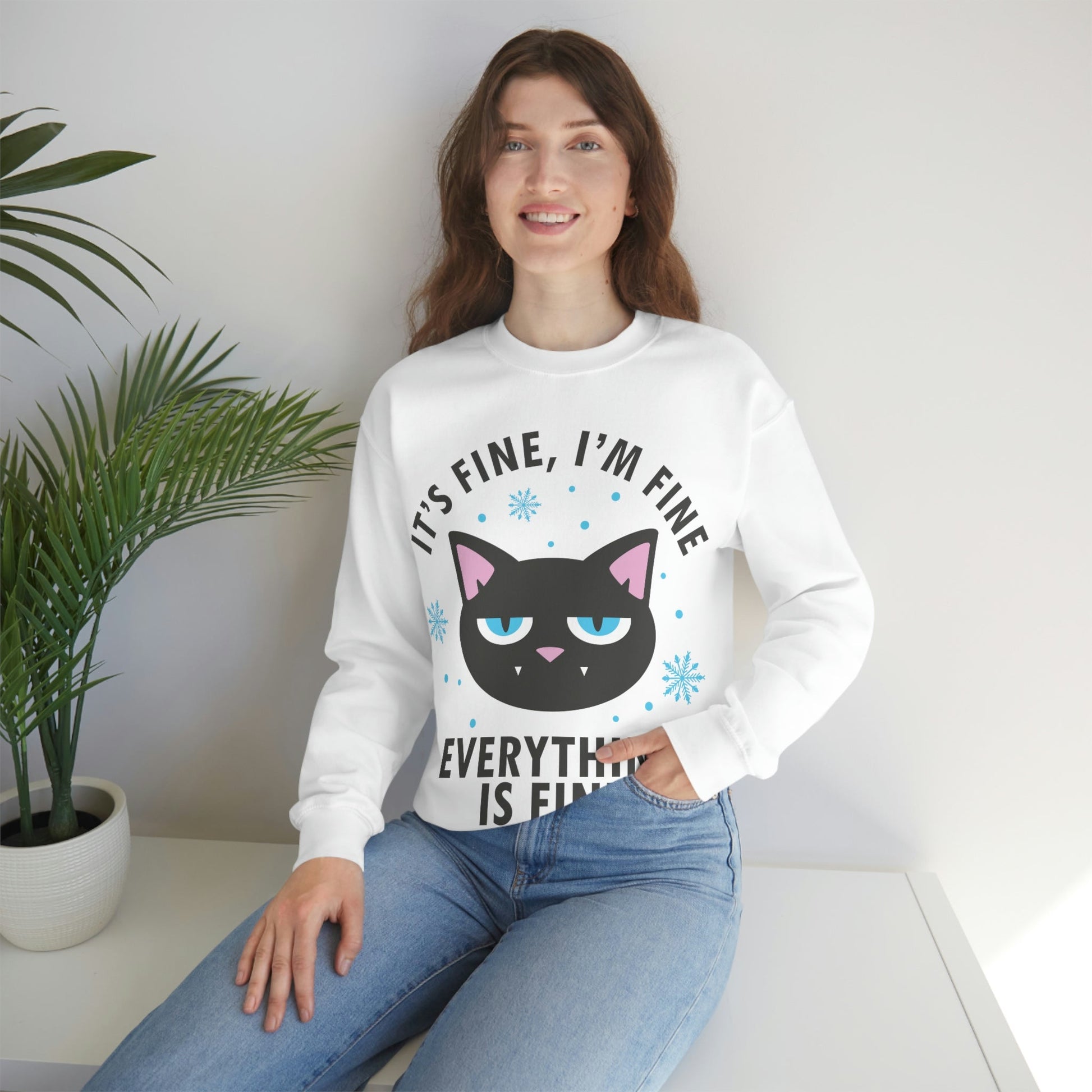 I Am Fine Everything is Fine Funny Cat Meme Quotes Black Text Unisex Heavy Blend™ Crewneck Sweatshirt Ichaku [Perfect Gifts Selection]