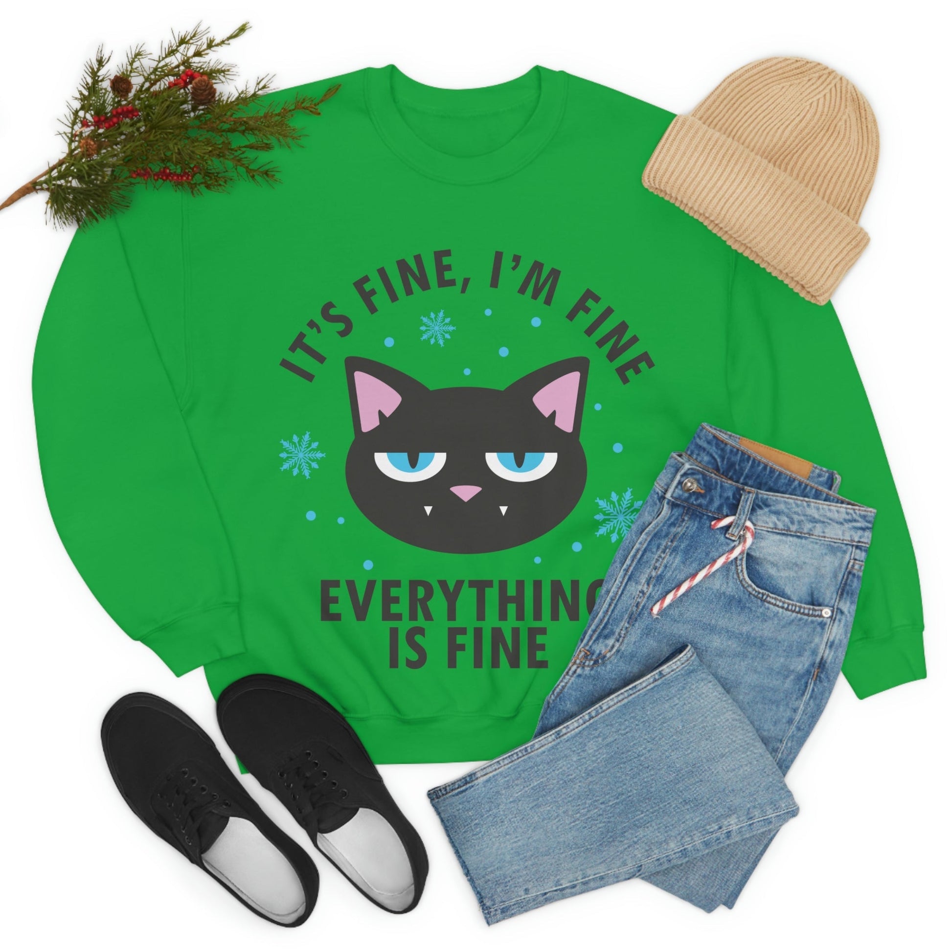 I Am Fine Everything is Fine Funny Cat Meme Quotes Black Text Unisex Heavy Blend™ Crewneck Sweatshirt Ichaku [Perfect Gifts Selection]