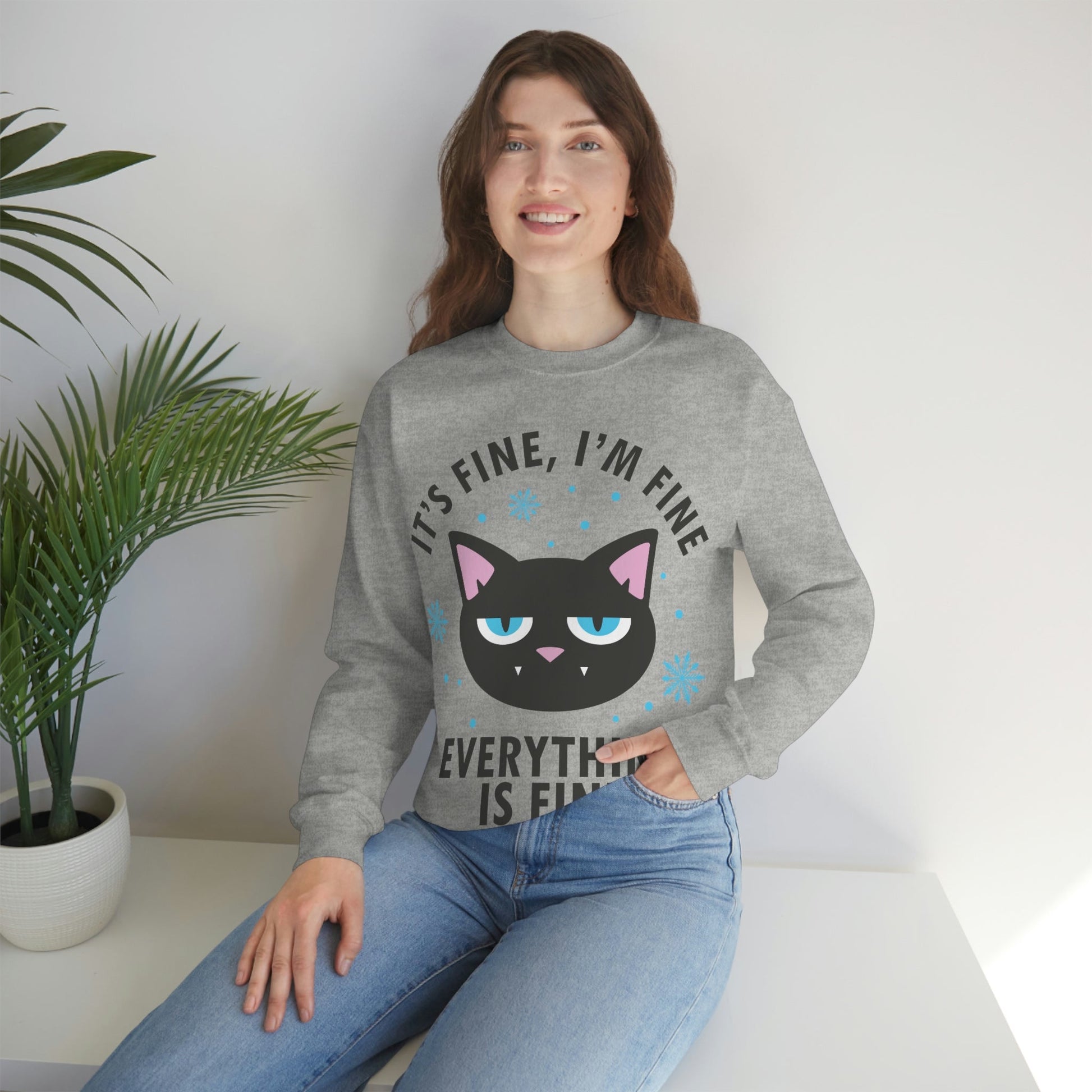 I Am Fine Everything is Fine Funny Cat Meme Quotes Black Text Unisex Heavy Blend™ Crewneck Sweatshirt Ichaku [Perfect Gifts Selection]