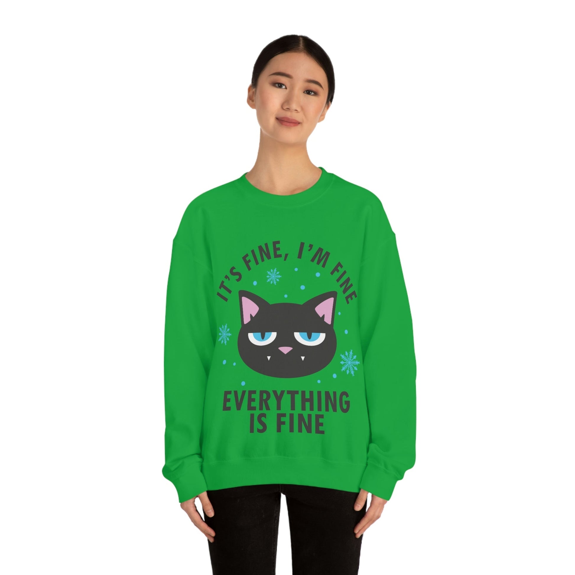 I Am Fine Everything is Fine Funny Cat Meme Quotes Black Text Unisex Heavy Blend™ Crewneck Sweatshirt Ichaku [Perfect Gifts Selection]