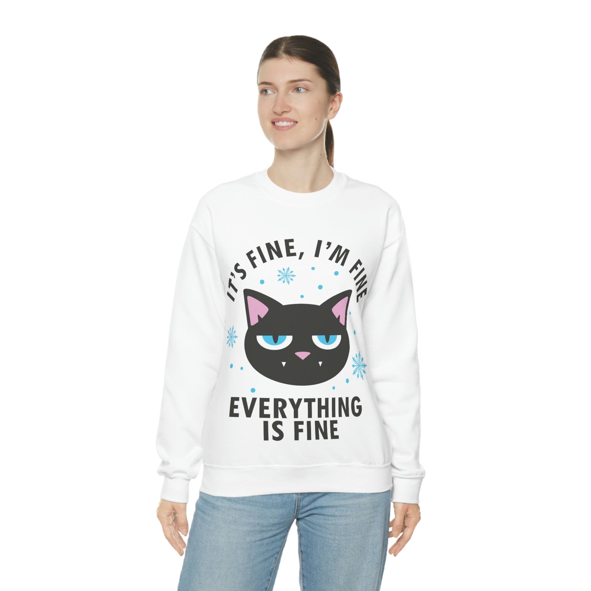 I Am Fine Everything is Fine Funny Cat Meme Quotes Black Text Unisex Heavy Blend™ Crewneck Sweatshirt Ichaku [Perfect Gifts Selection]