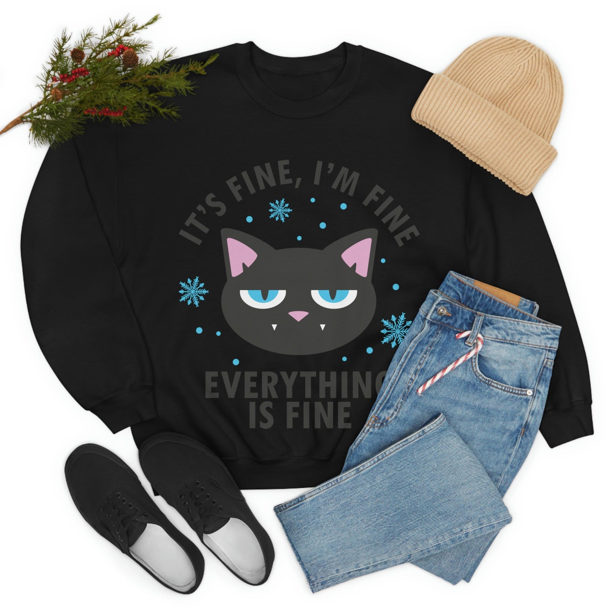 I Am Fine Everything is Fine Funny Cat Meme Quotes Black Text Unisex Heavy Blend™ Crewneck Sweatshirt Ichaku [Perfect Gifts Selection]