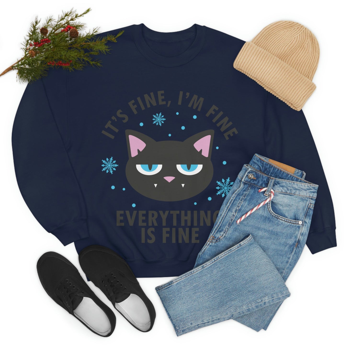 I Am Fine Everything is Fine Funny Cat Meme Quotes Black Text Unisex Heavy Blend™ Crewneck Sweatshirt Ichaku [Perfect Gifts Selection]