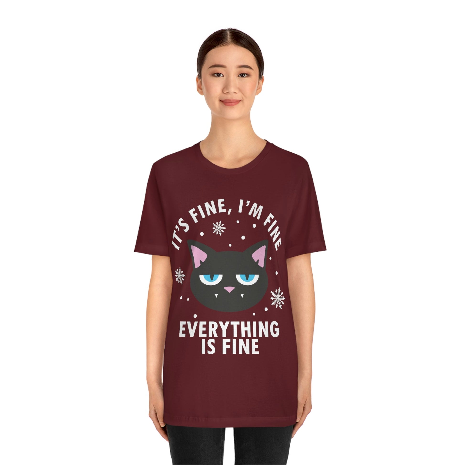 I Am Fine Everything is Fine Funny Cat Meme Quotes Unisex Jersey Short Sleeve T-Shirt Ichaku [Perfect Gifts Selection]