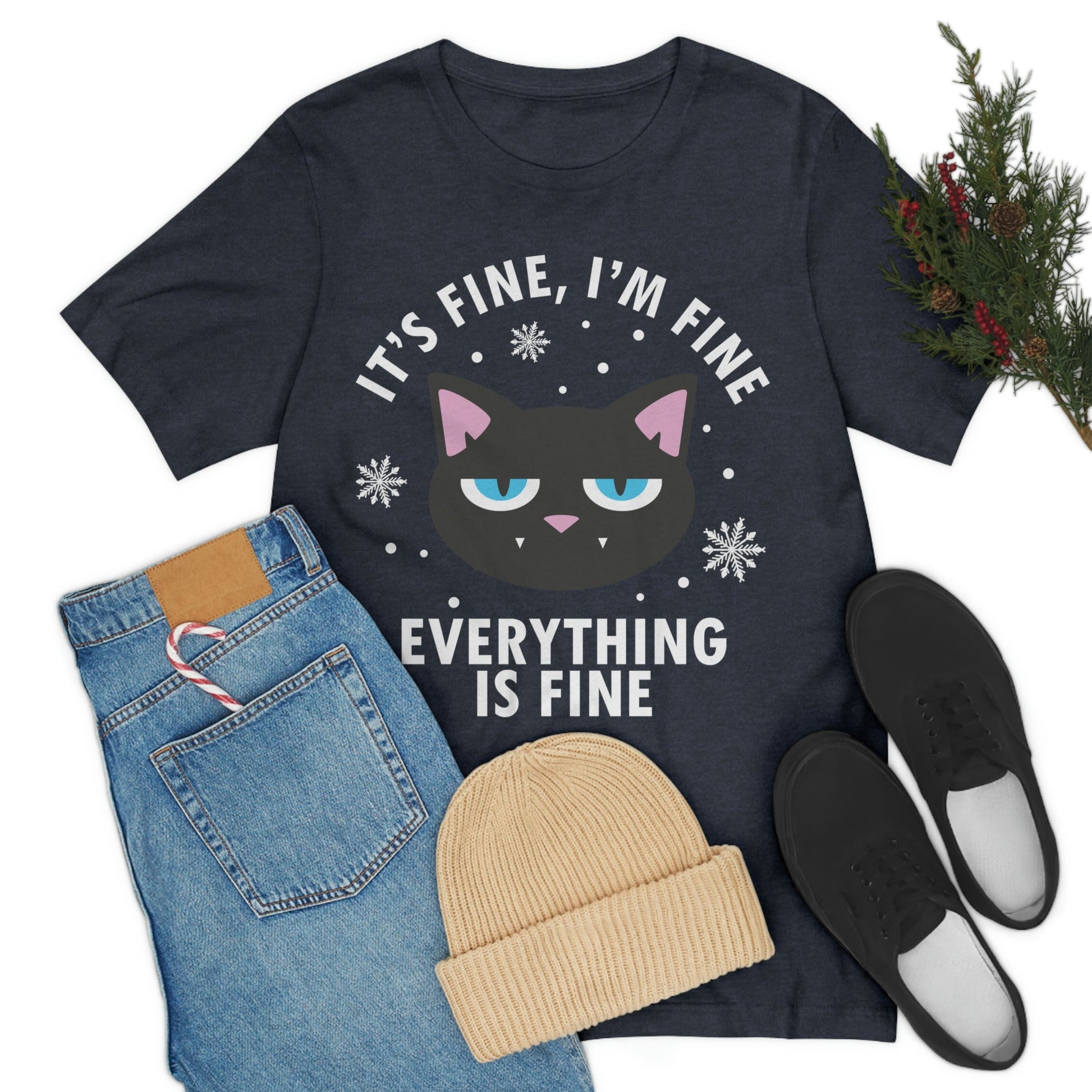 I Am Fine Everything is Fine Funny Cat Meme Quotes Unisex Jersey Short Sleeve T-Shirt Ichaku [Perfect Gifts Selection]