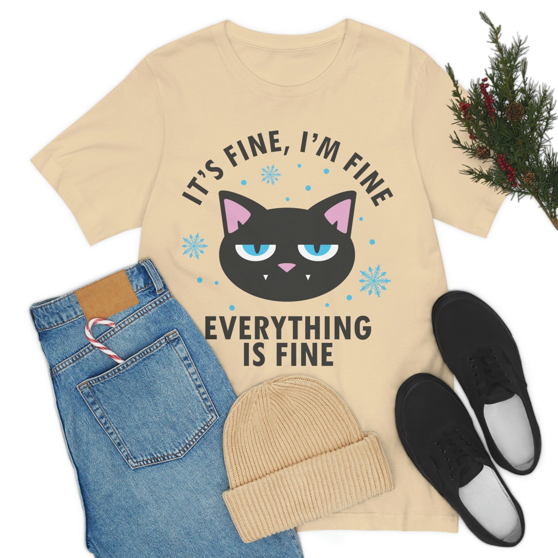 I Am Fine Everything is Fine Funny Cat Meme Quotes Unisex Jersey Short Sleeve T-Shirt Ichaku [Perfect Gifts Selection]