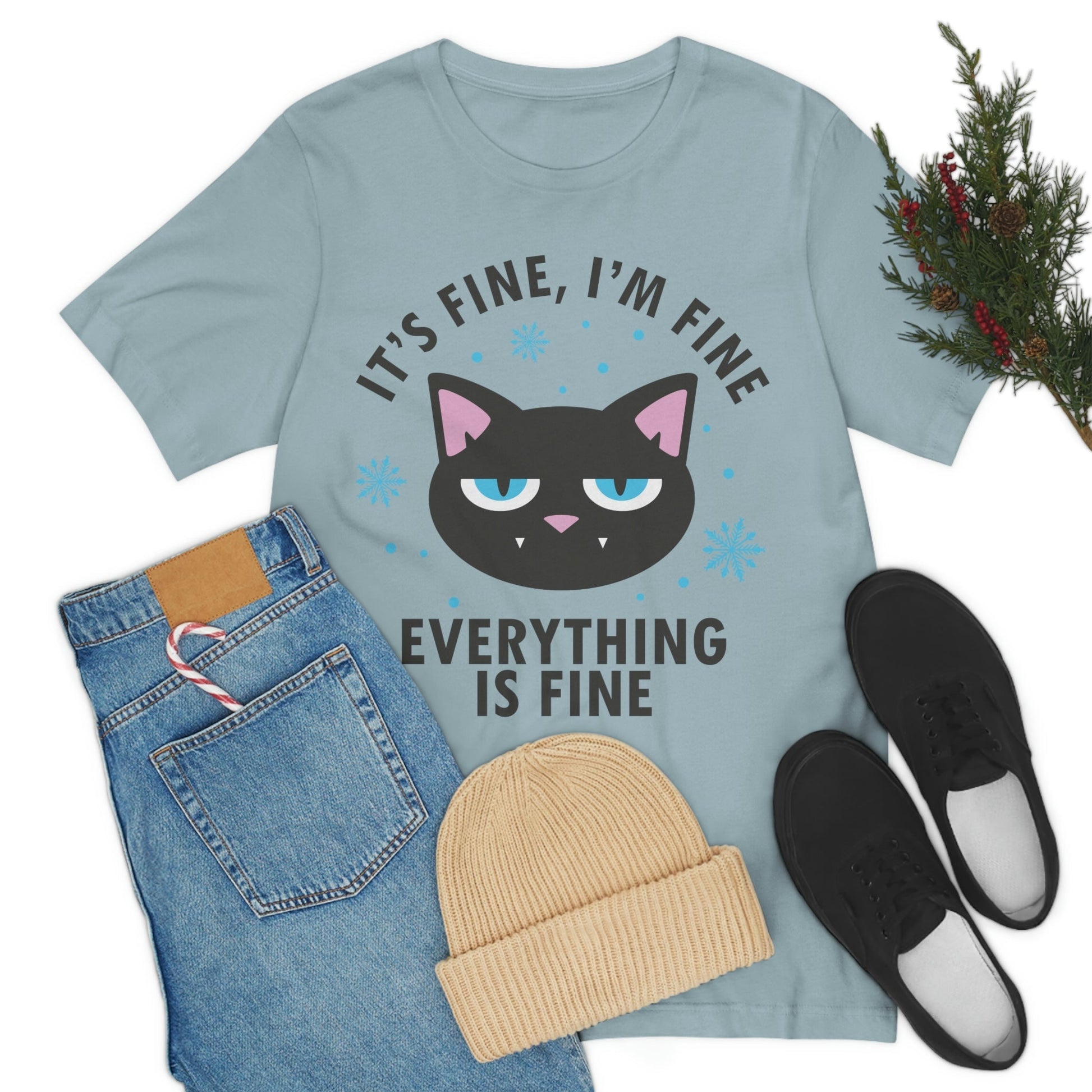 I Am Fine Everything is Fine Funny Cat Meme Quotes Unisex Jersey Short Sleeve T-Shirt Ichaku [Perfect Gifts Selection]