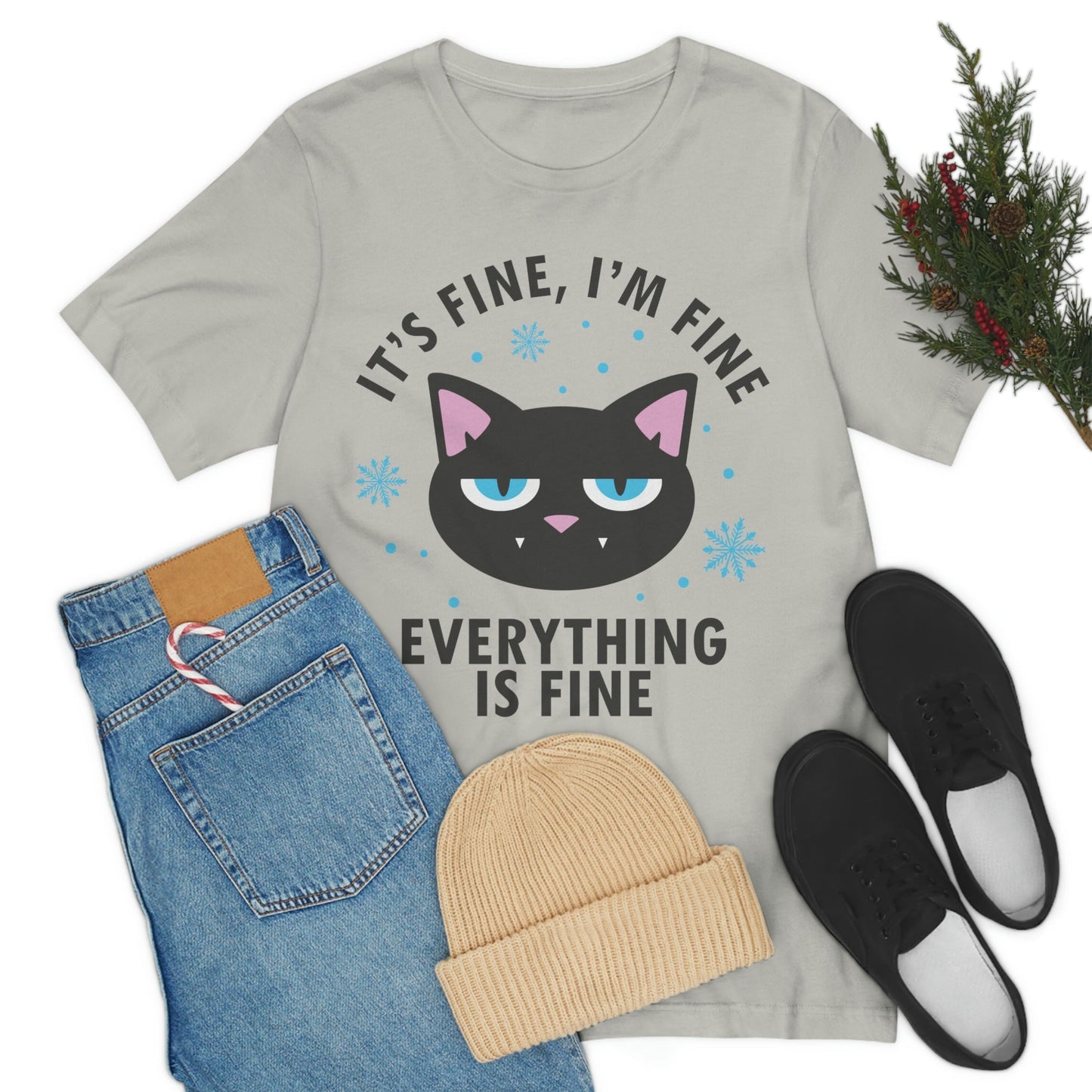 I Am Fine Everything is Fine Funny Cat Meme Quotes Unisex Jersey Short Sleeve T-Shirt Ichaku [Perfect Gifts Selection]