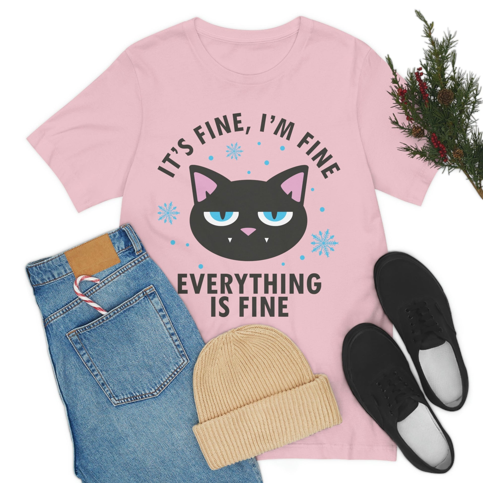 I Am Fine Everything is Fine Funny Cat Meme Quotes Unisex Jersey Short Sleeve T-Shirt Ichaku [Perfect Gifts Selection]