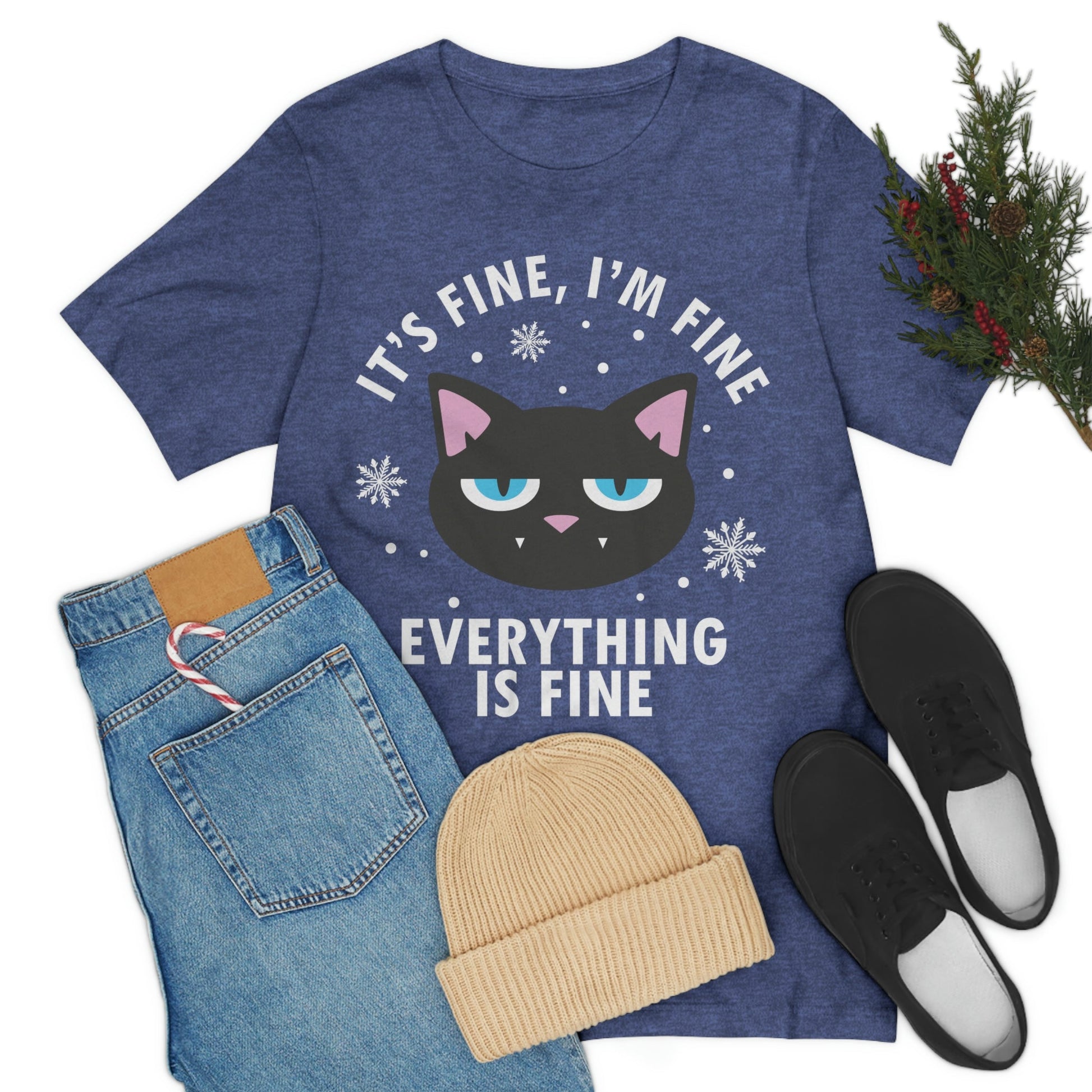 I Am Fine Everything is Fine Funny Cat Meme Quotes Unisex Jersey Short Sleeve T-Shirt Ichaku [Perfect Gifts Selection]