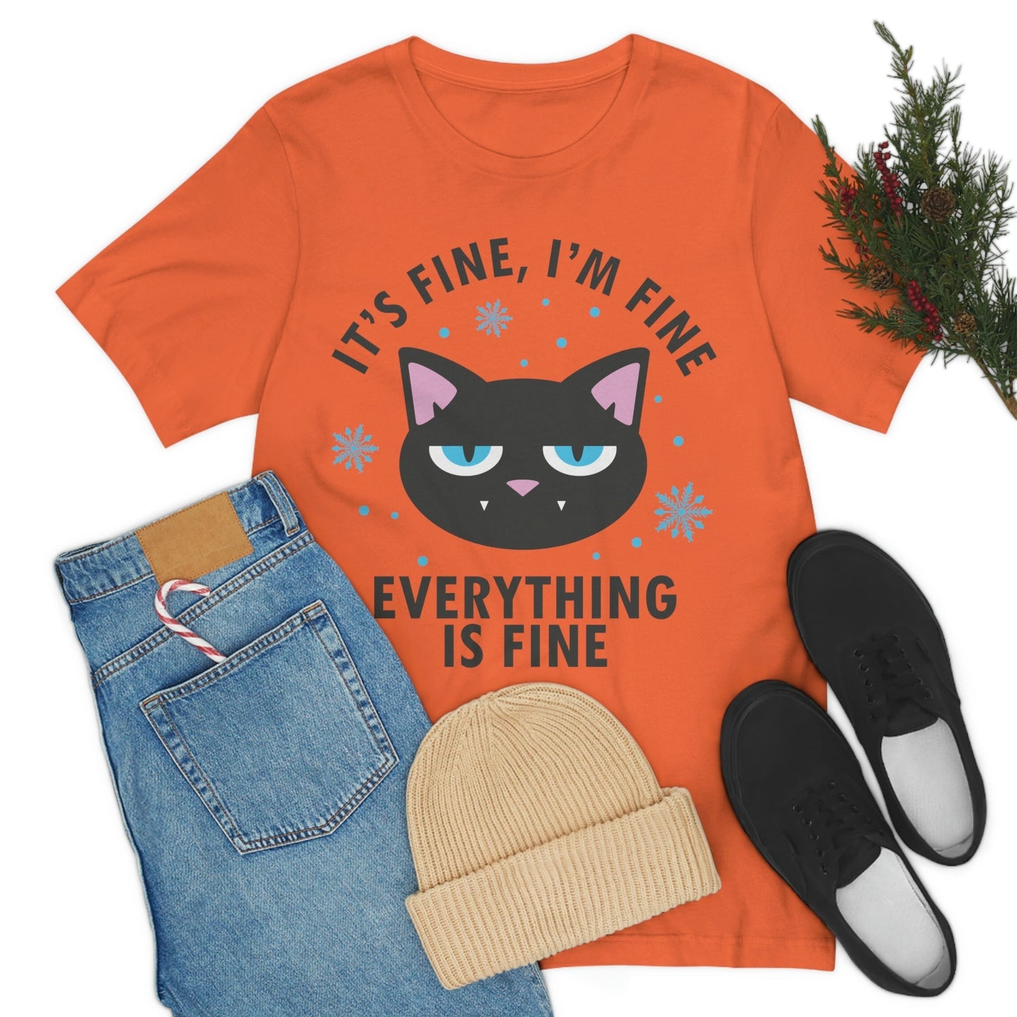 I Am Fine Everything is Fine Funny Cat Meme Quotes Unisex Jersey Short Sleeve T-Shirt Ichaku [Perfect Gifts Selection]