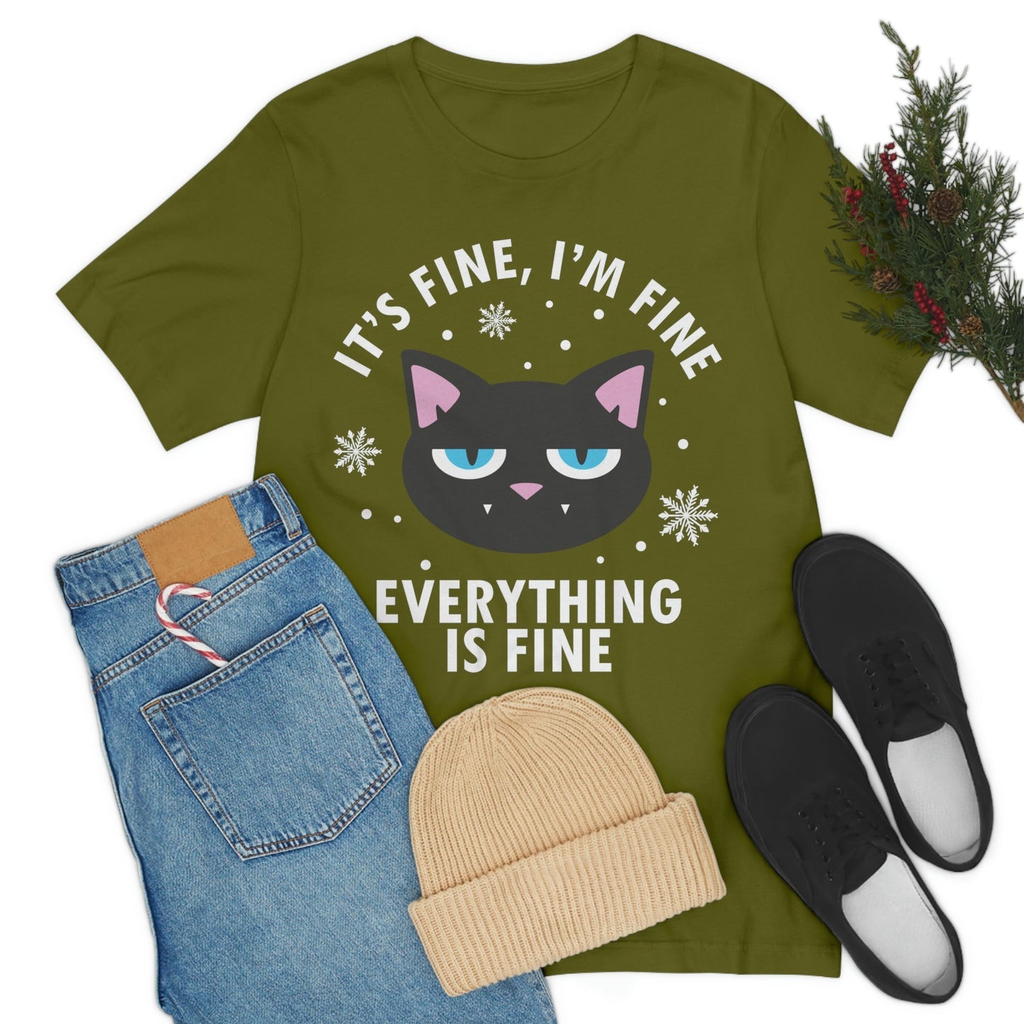 I Am Fine Everything is Fine Funny Cat Meme Quotes Unisex Jersey Short Sleeve T-Shirt Ichaku [Perfect Gifts Selection]