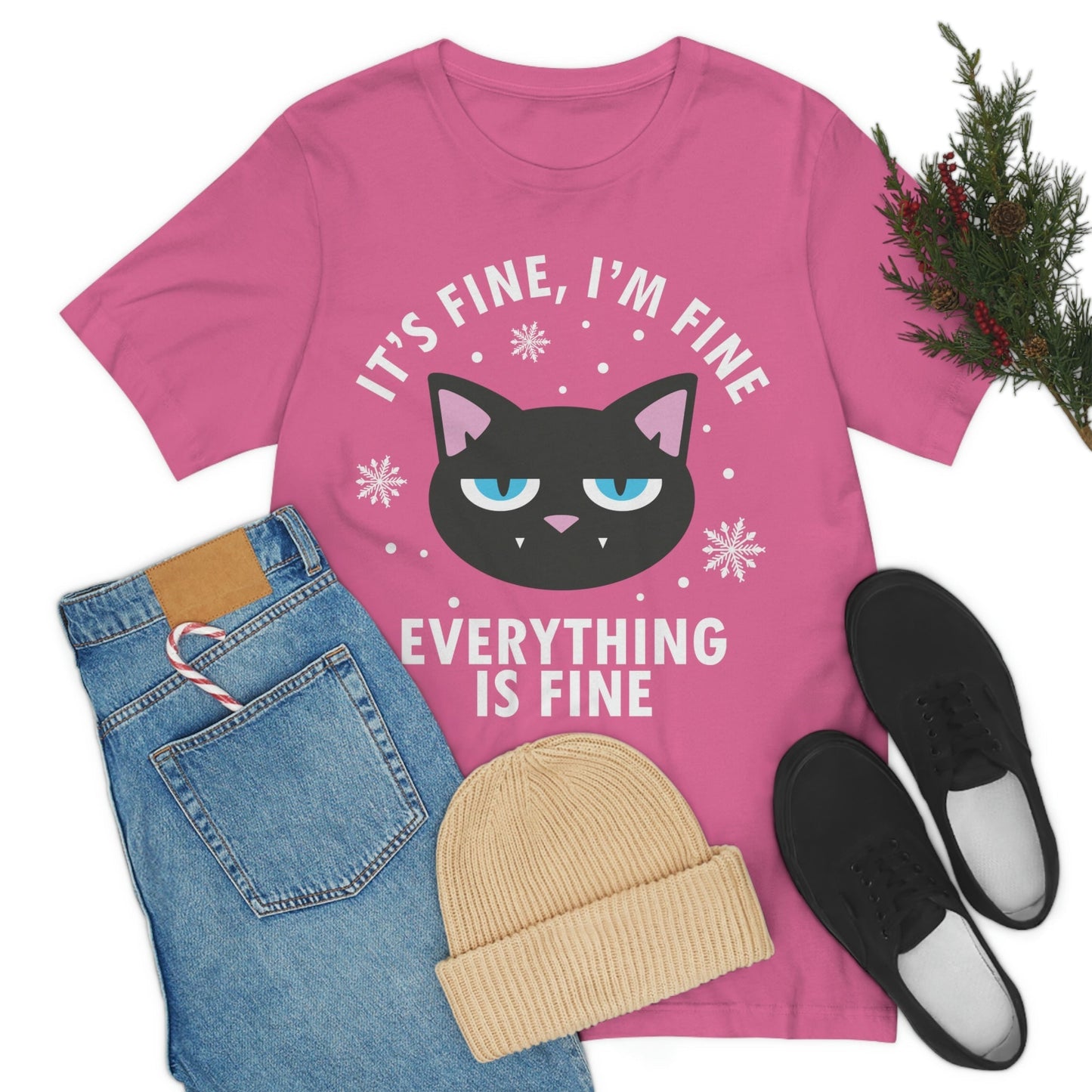 I Am Fine Everything is Fine Funny Cat Meme Quotes Unisex Jersey Short Sleeve T-Shirt Ichaku [Perfect Gifts Selection]