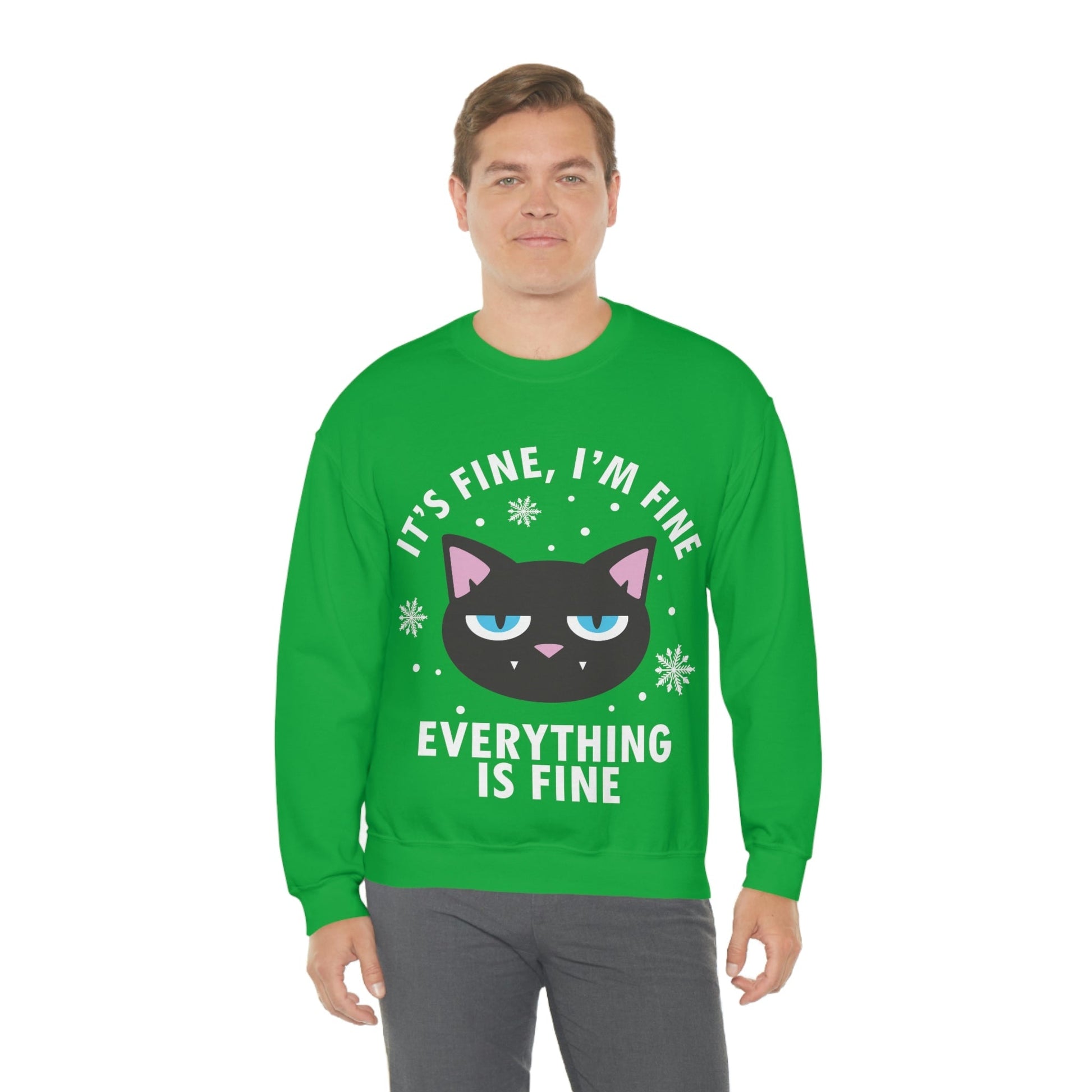 I Am Fine Everything is Fine Funny Cat Meme Quotes White Text Unisex Heavy Blend™ Crewneck Sweatshirt Ichaku [Perfect Gifts Selection]