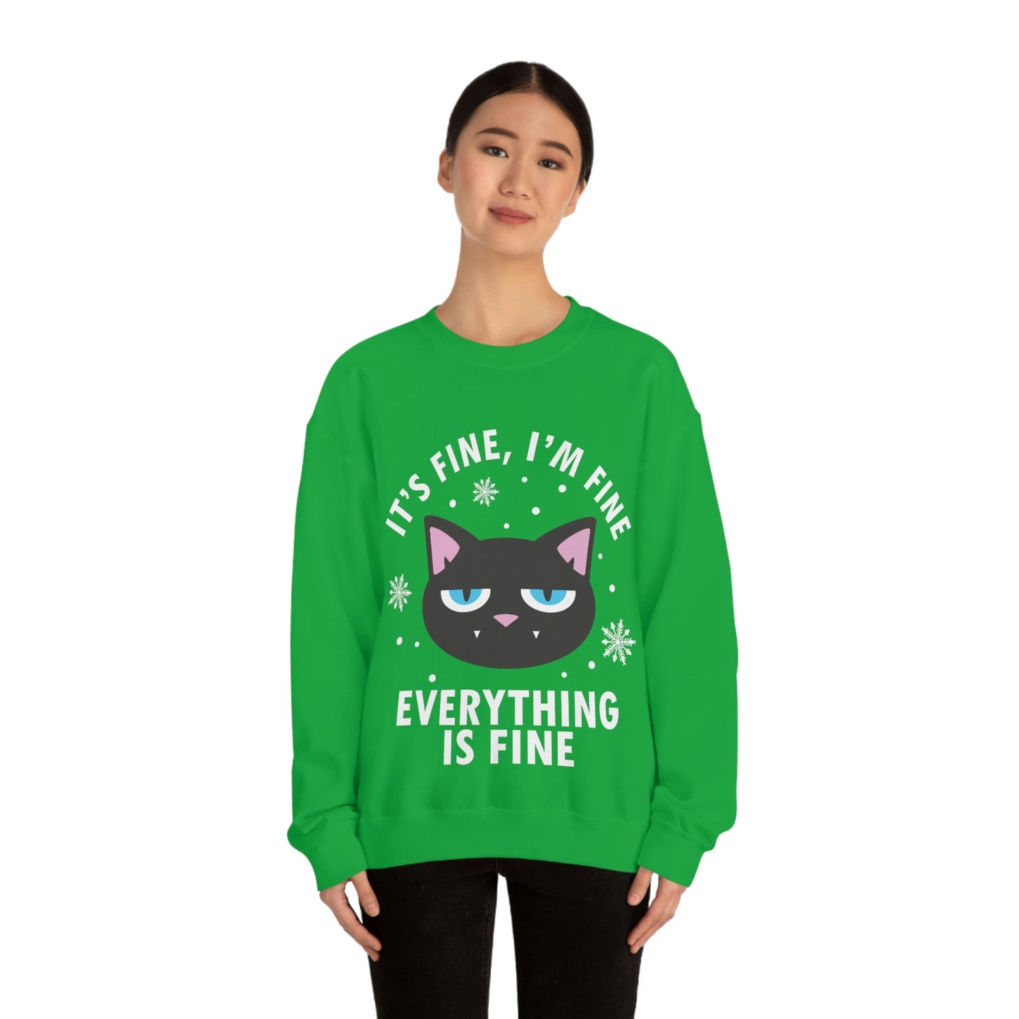 I Am Fine Everything is Fine Funny Cat Meme Quotes White Text Unisex Heavy Blend™ Crewneck Sweatshirt Ichaku [Perfect Gifts Selection]