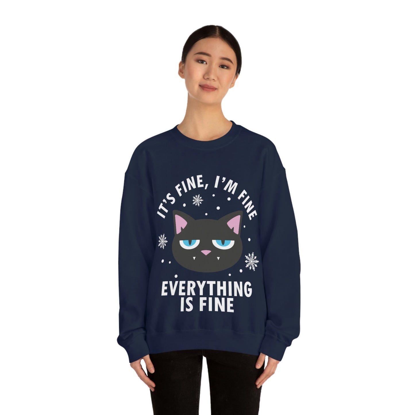 I Am Fine Everything is Fine Funny Cat Meme Quotes White Text Unisex Heavy Blend™ Crewneck Sweatshirt Ichaku [Perfect Gifts Selection]