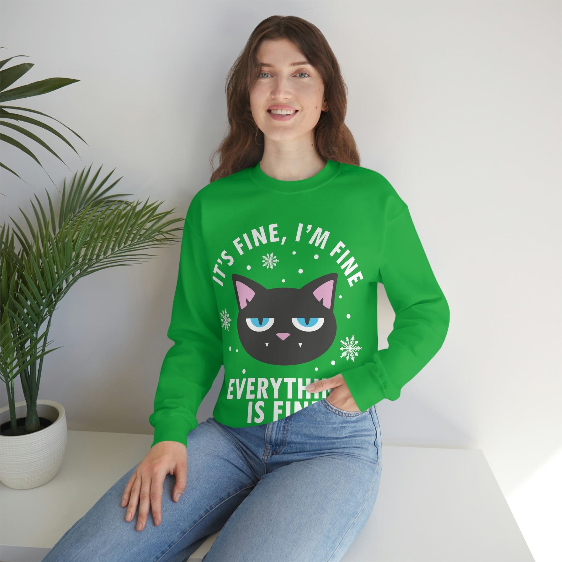 I Am Fine Everything is Fine Funny Cat Meme Quotes White Text Unisex Heavy Blend™ Crewneck Sweatshirt Ichaku [Perfect Gifts Selection]