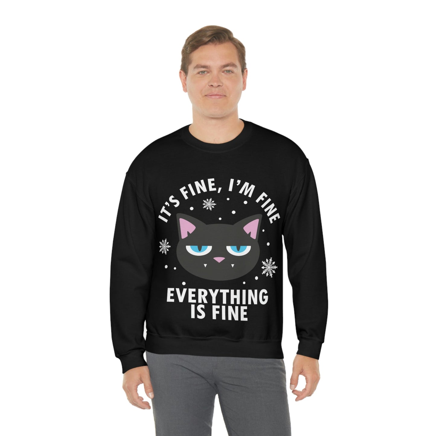 I Am Fine Everything is Fine Funny Cat Meme Quotes White Text Unisex Heavy Blend™ Crewneck Sweatshirt Ichaku [Perfect Gifts Selection]