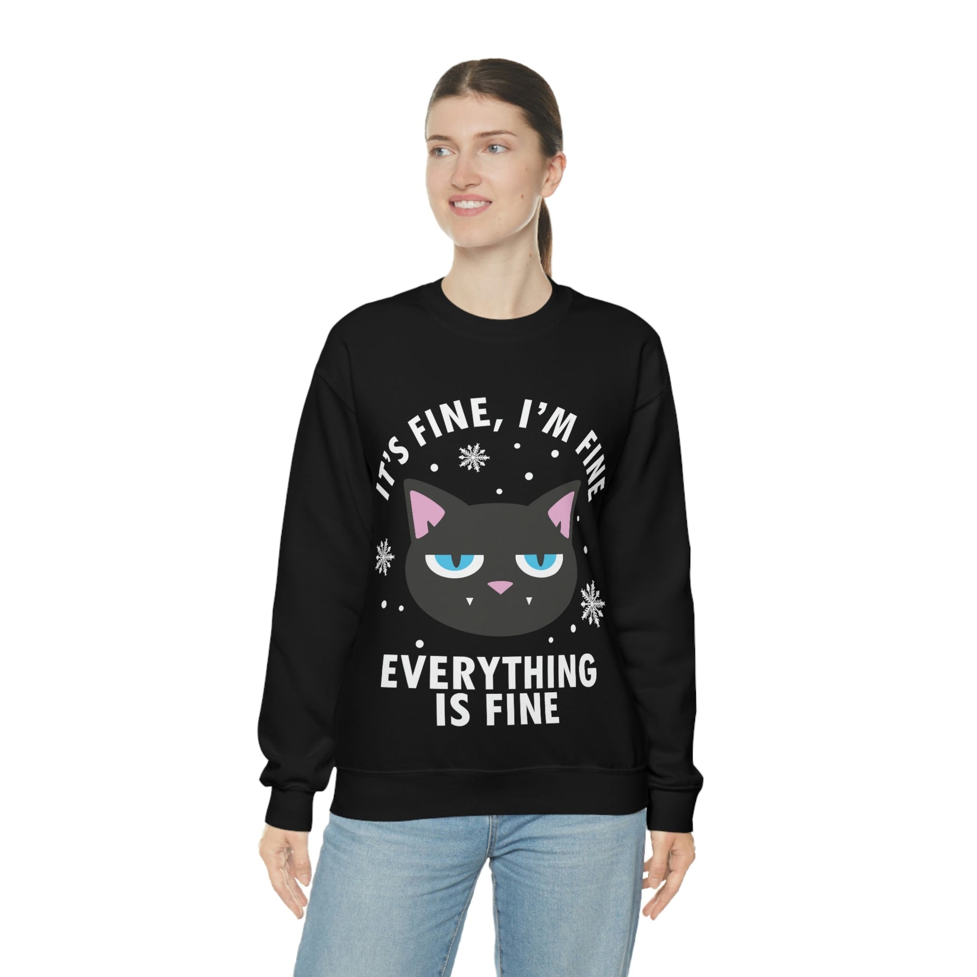 I Am Fine Everything is Fine Funny Cat Meme Quotes White Text Unisex Heavy Blend™ Crewneck Sweatshirt Ichaku [Perfect Gifts Selection]