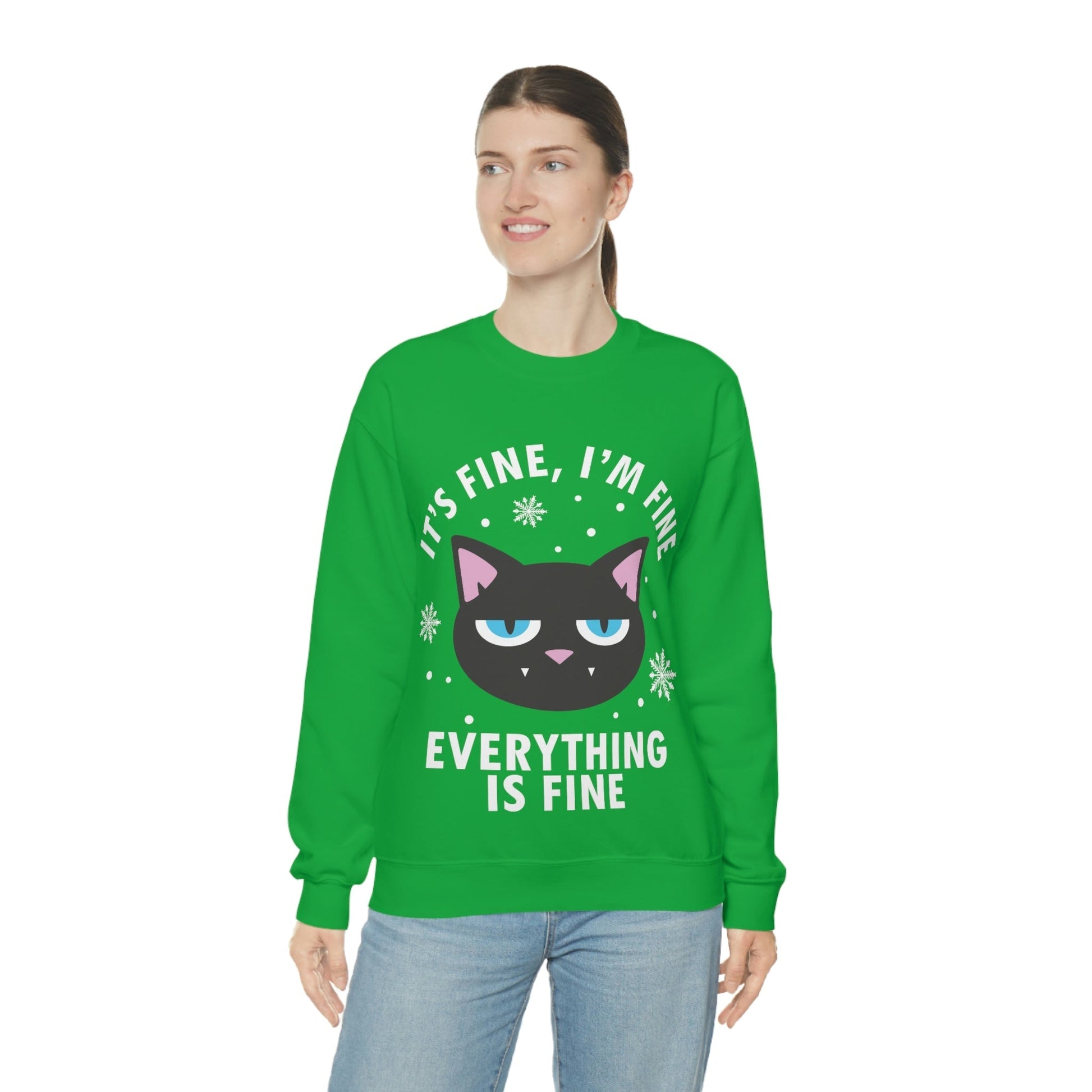 I Am Fine Everything is Fine Funny Cat Meme Quotes White Text Unisex Heavy Blend™ Crewneck Sweatshirt Ichaku [Perfect Gifts Selection]