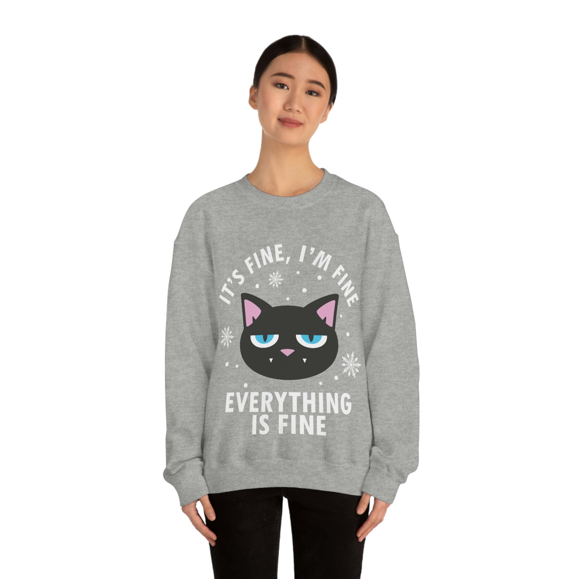 I Am Fine Everything is Fine Funny Cat Meme Quotes White Text Unisex Heavy Blend™ Crewneck Sweatshirt Ichaku [Perfect Gifts Selection]