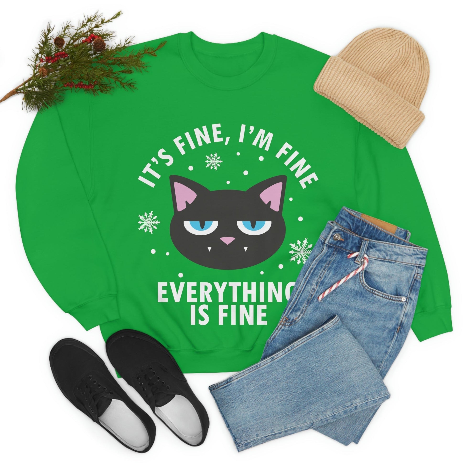 I Am Fine Everything is Fine Funny Cat Meme Quotes White Text Unisex Heavy Blend™ Crewneck Sweatshirt Ichaku [Perfect Gifts Selection]